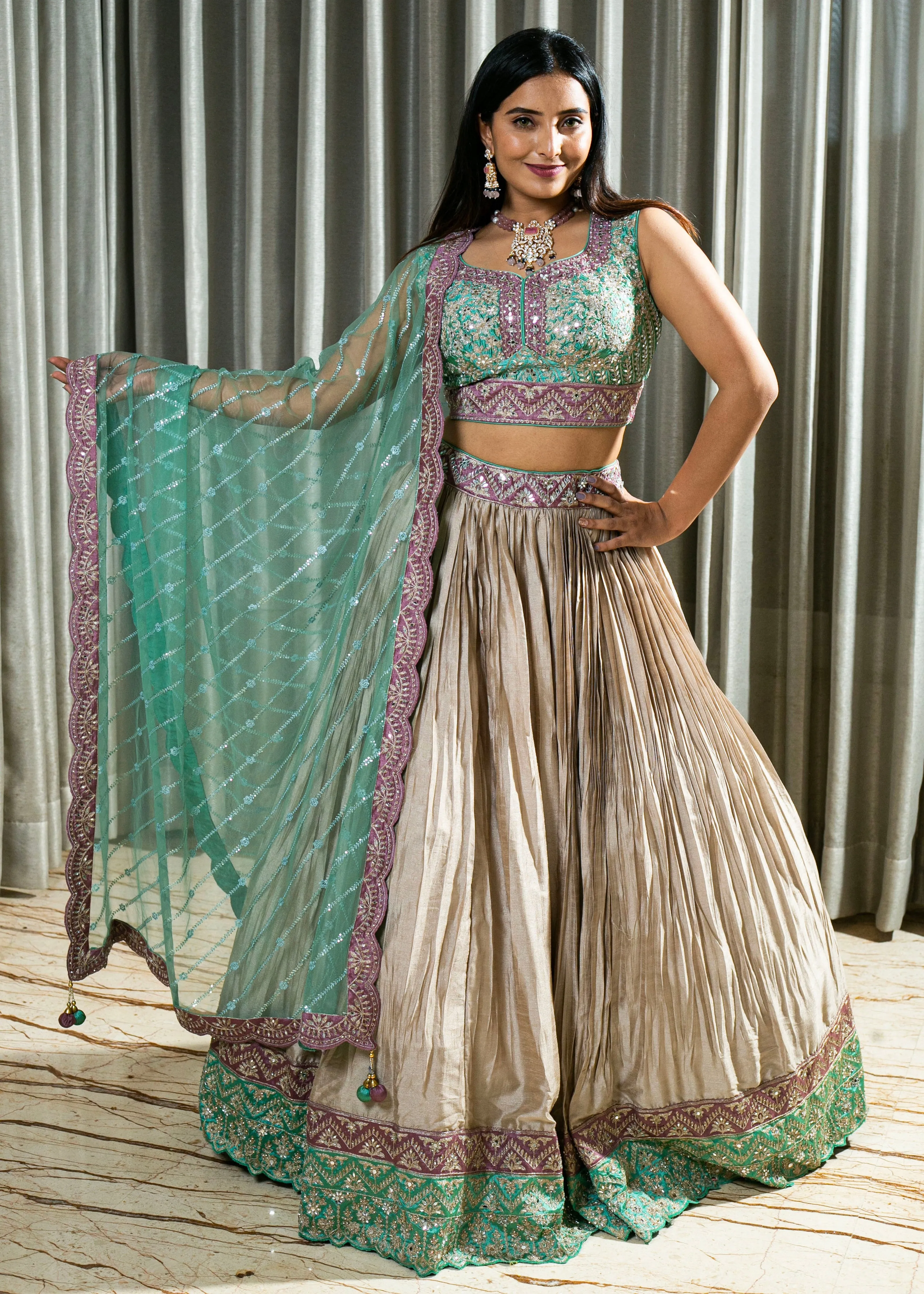 Handcrafted Light Gold Pleated Silk Lehenga with Aari Work Stitched Blouse