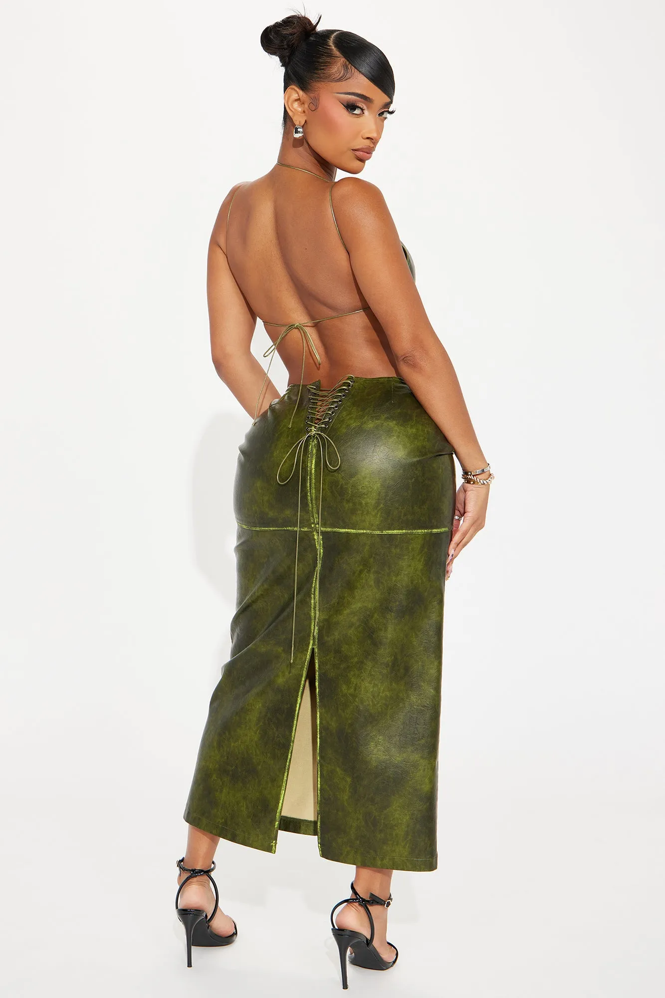 Hard To Replace Faux Leather Skirt Set - Olive