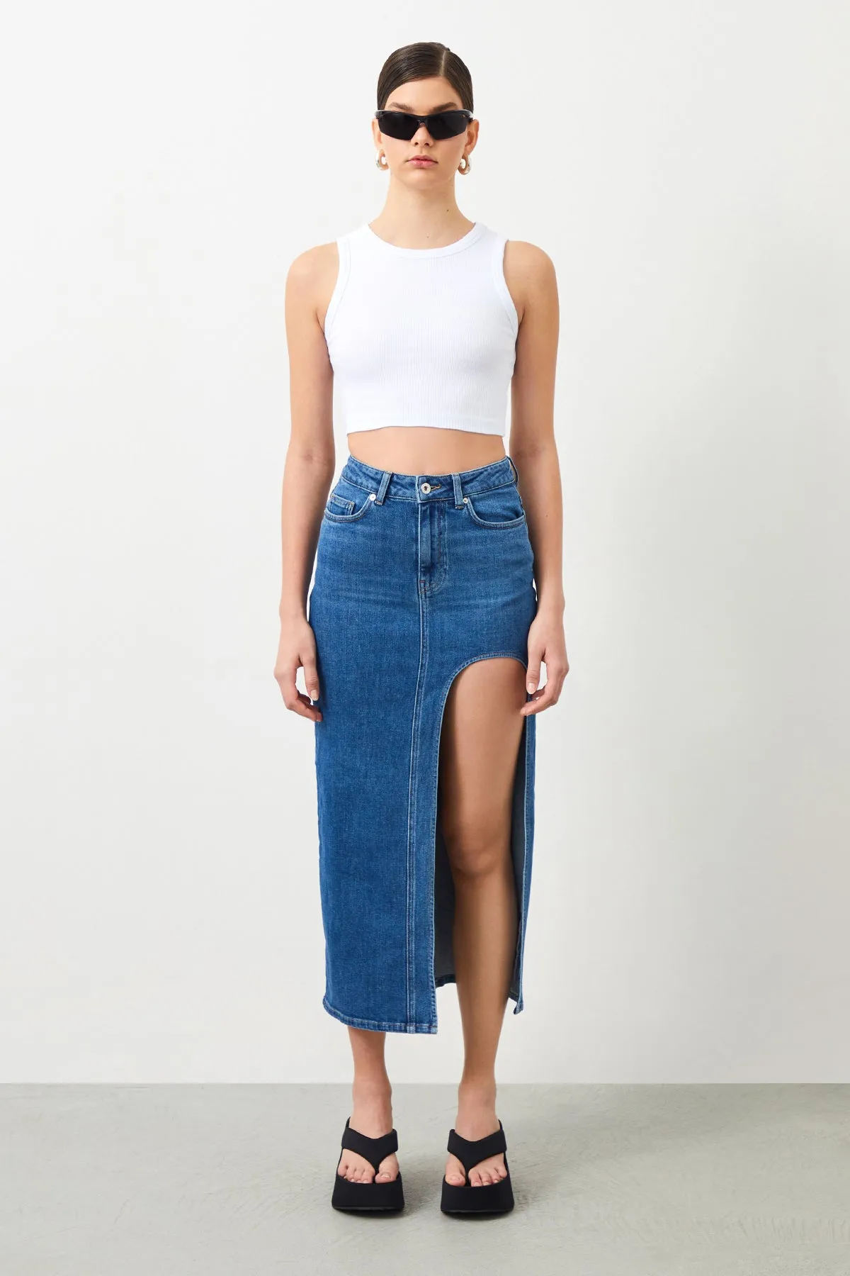 Ilya Blue Slit Women's Maxi Jean Skirt