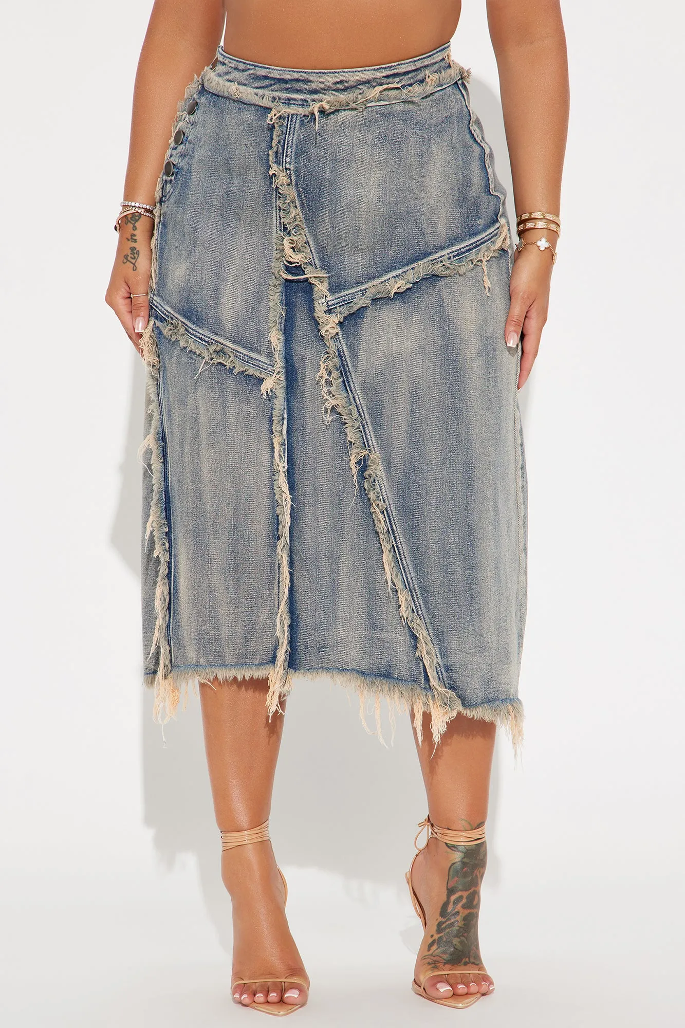 In Time Washed Denim Midi Skirt - Medium Wash