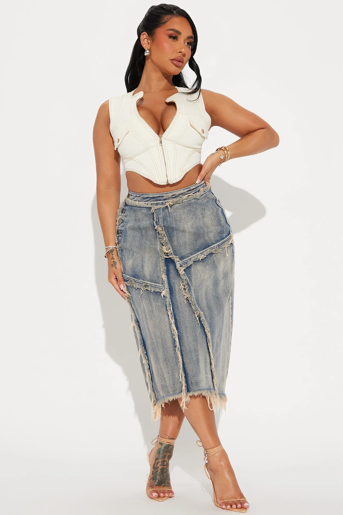 In Time Washed Denim Midi Skirt - Medium Wash