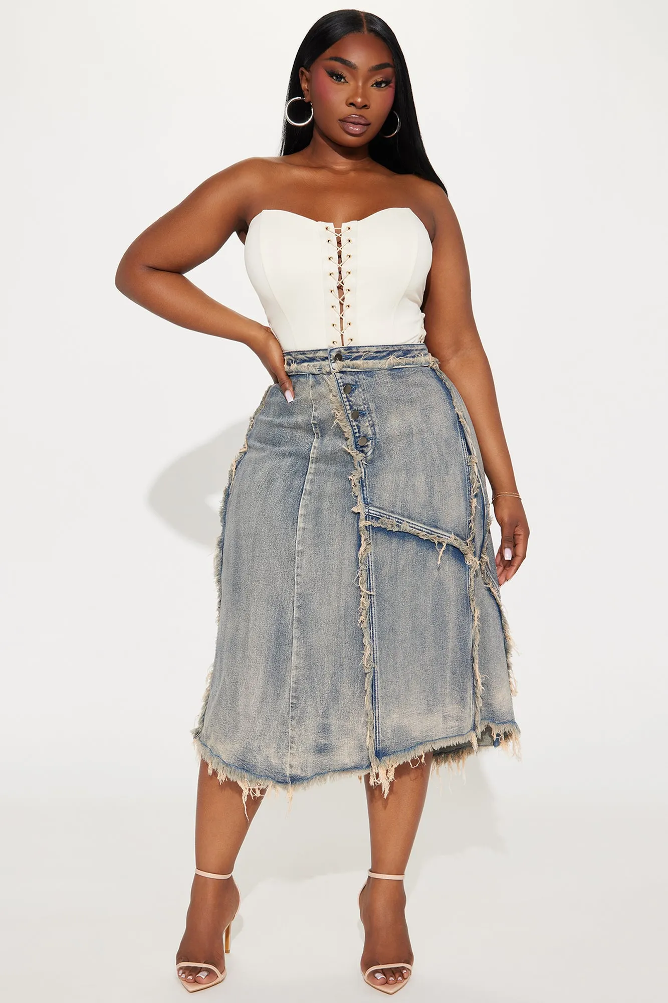 In Time Washed Denim Midi Skirt - Medium Wash