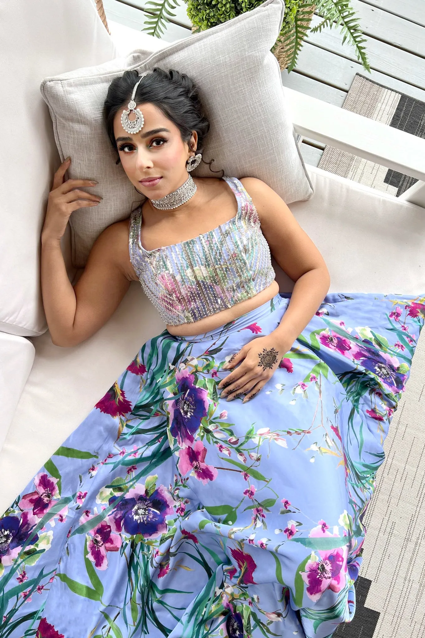 JANISHA Periwinkle Floral Satin Lehenga Skirt