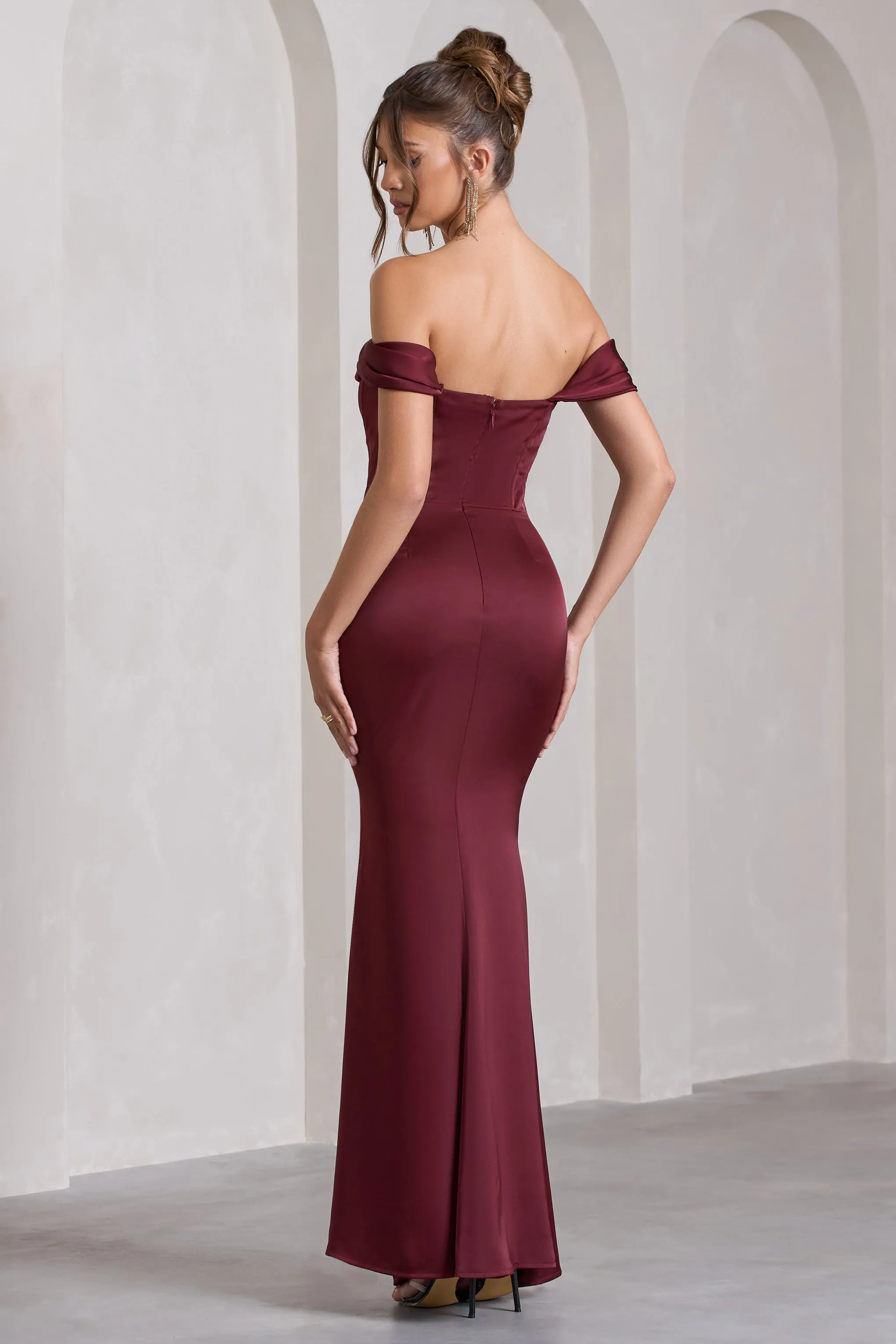 Kimberly | Burgundy Bardot Fishtail Satin Maxi Dress