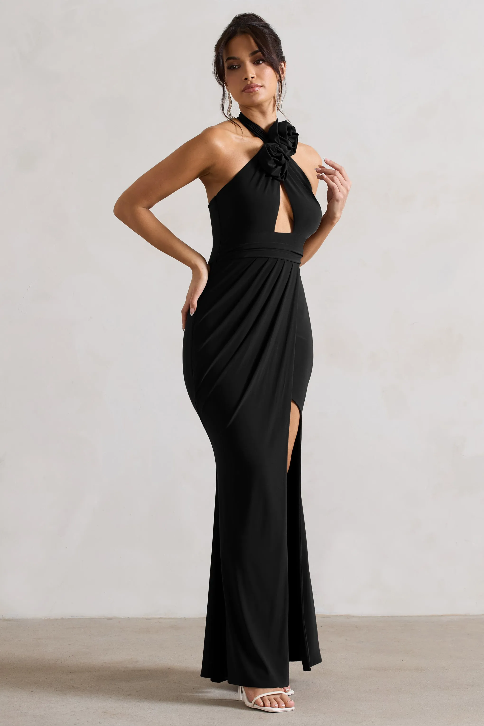 Kira | Black Halter-Neck Cut-Out Split Maxi Dress With Flowers