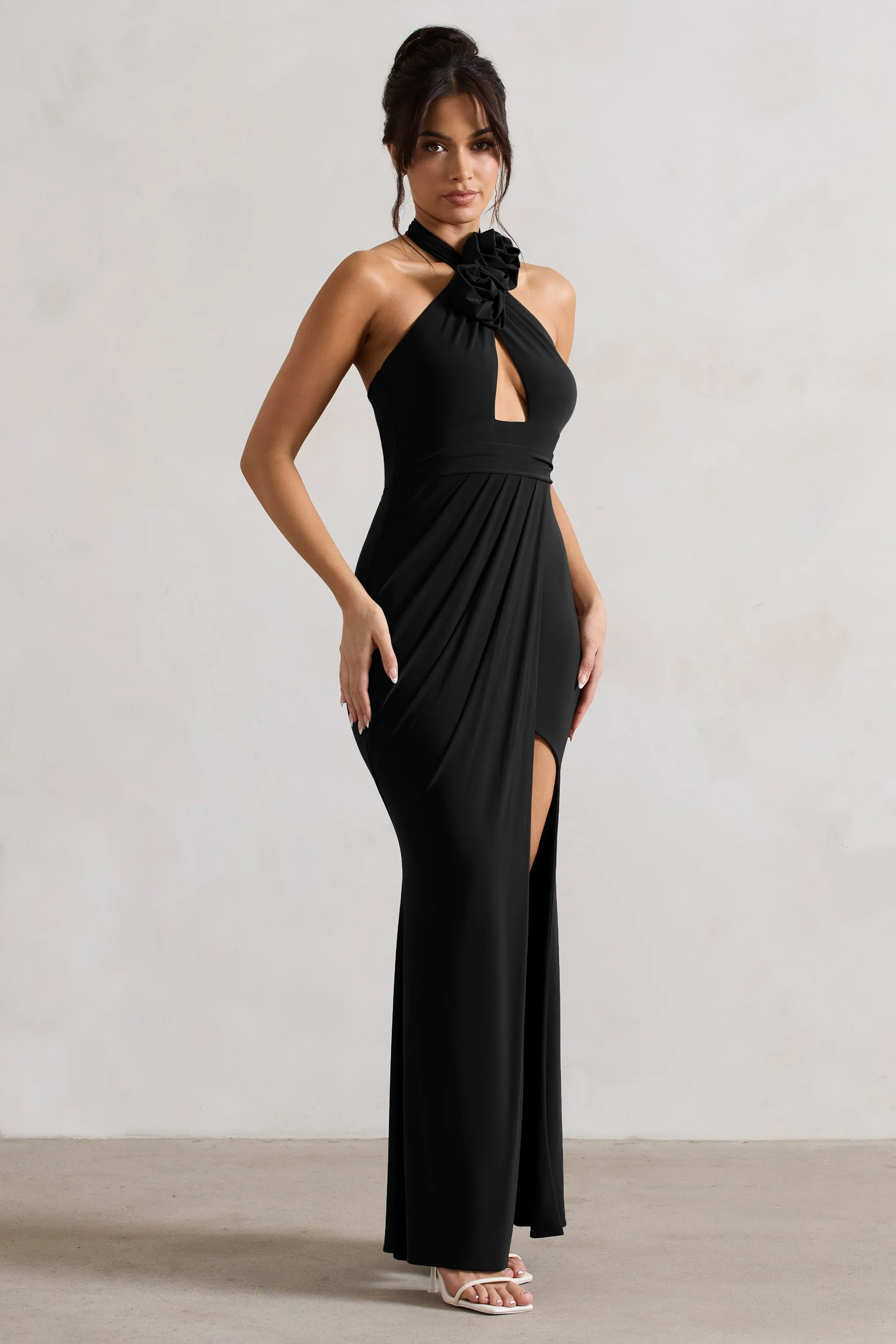 Kira | Black Halter-Neck Cut-Out Split Maxi Dress With Flowers