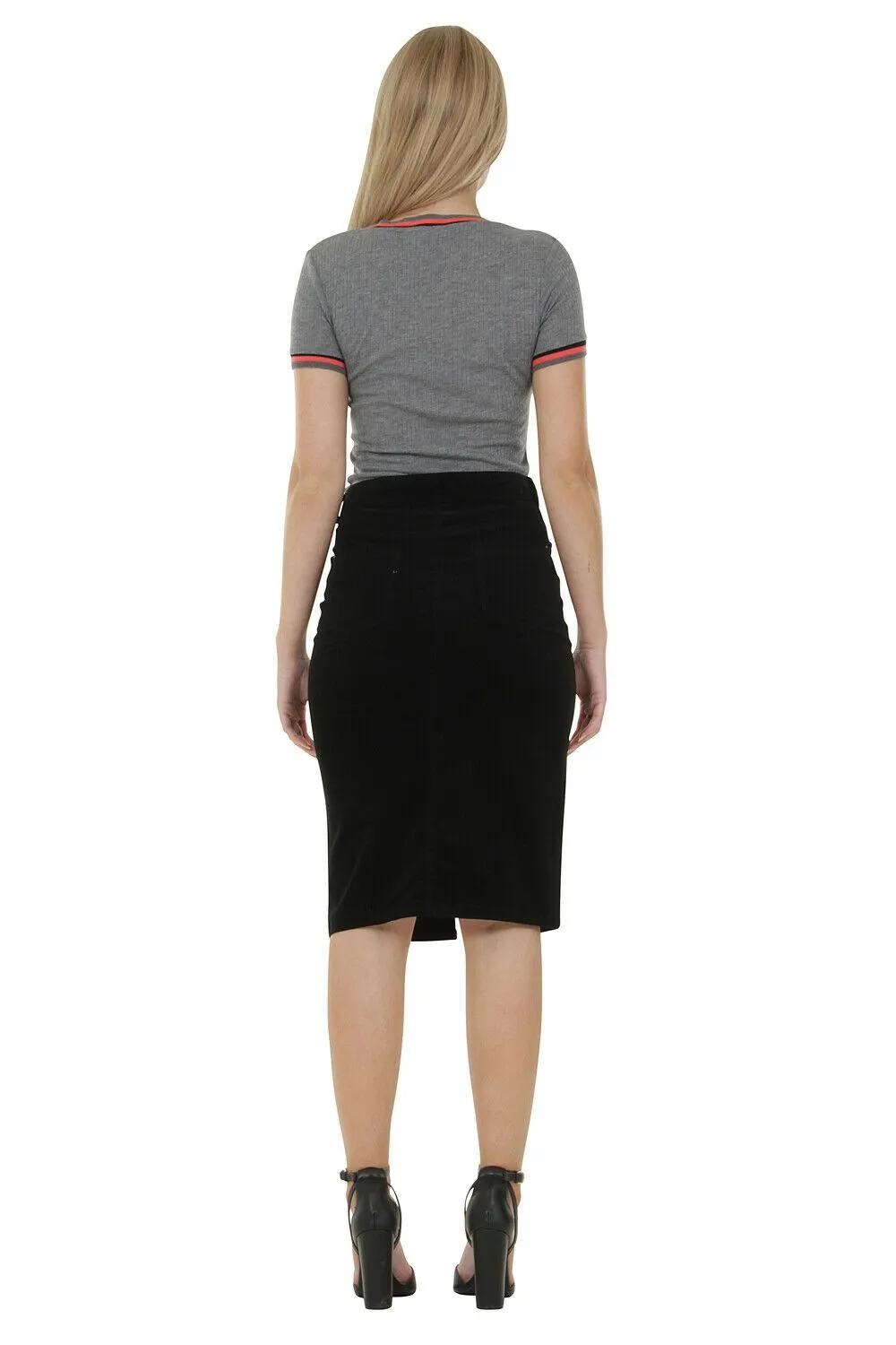 Knee Length Corduroy Pencil Skirt - Black Midi Skirt with stretch