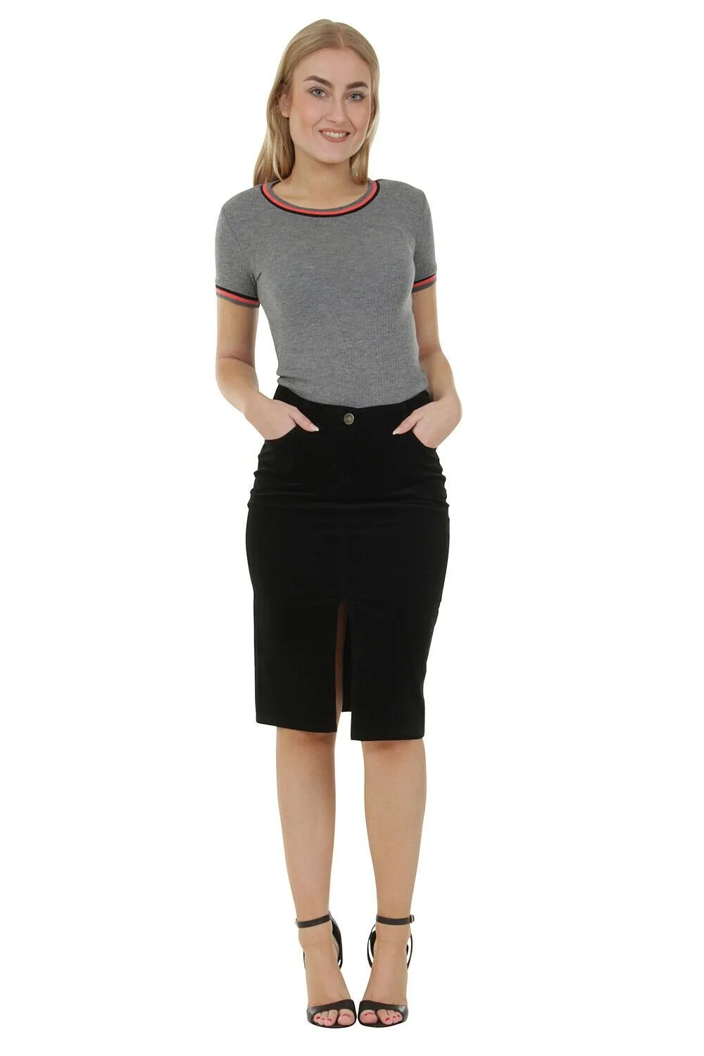 Knee Length Corduroy Pencil Skirt - Black Midi Skirt with stretch