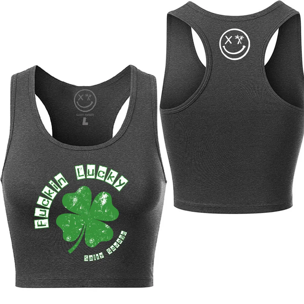 Ladies "Fuckin Lucky" Racerback Crop Tank