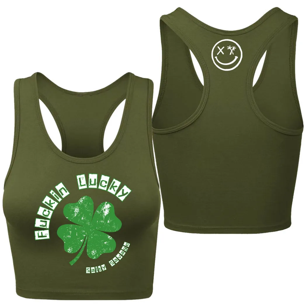 Ladies "Fuckin Lucky" Racerback Crop Tank