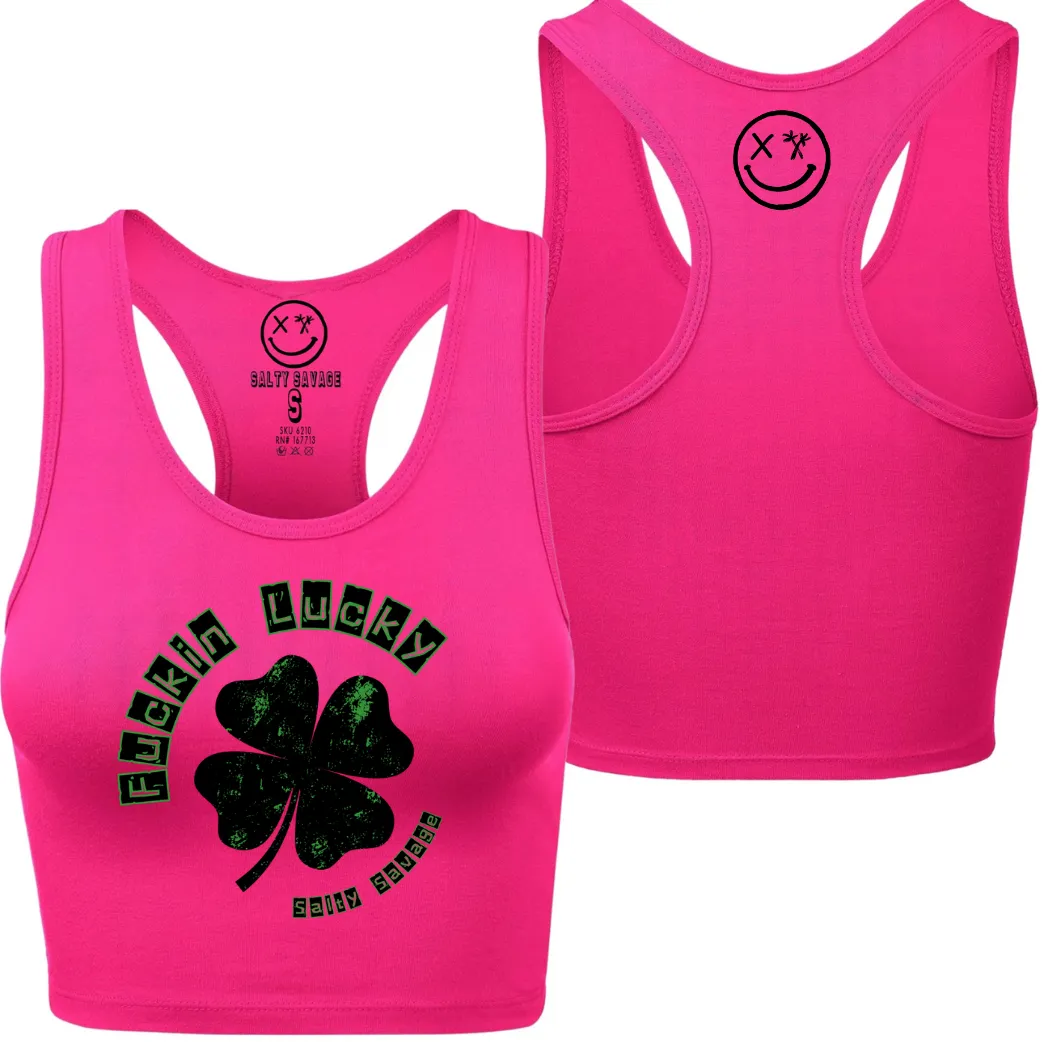 Ladies "Fuckin Lucky" Racerback Crop Tank