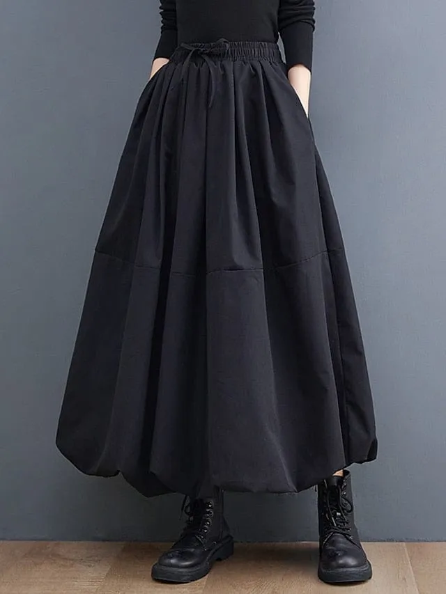 Maxi Black Chiffon Skirt with Drawstring Pocket - Plus Size