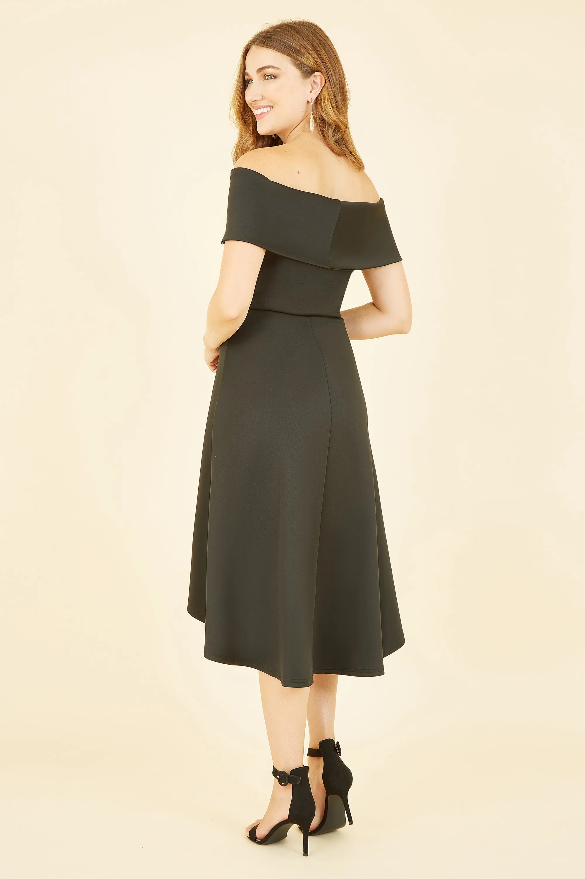 Mela London Black Bardot Dipped Hem Dress