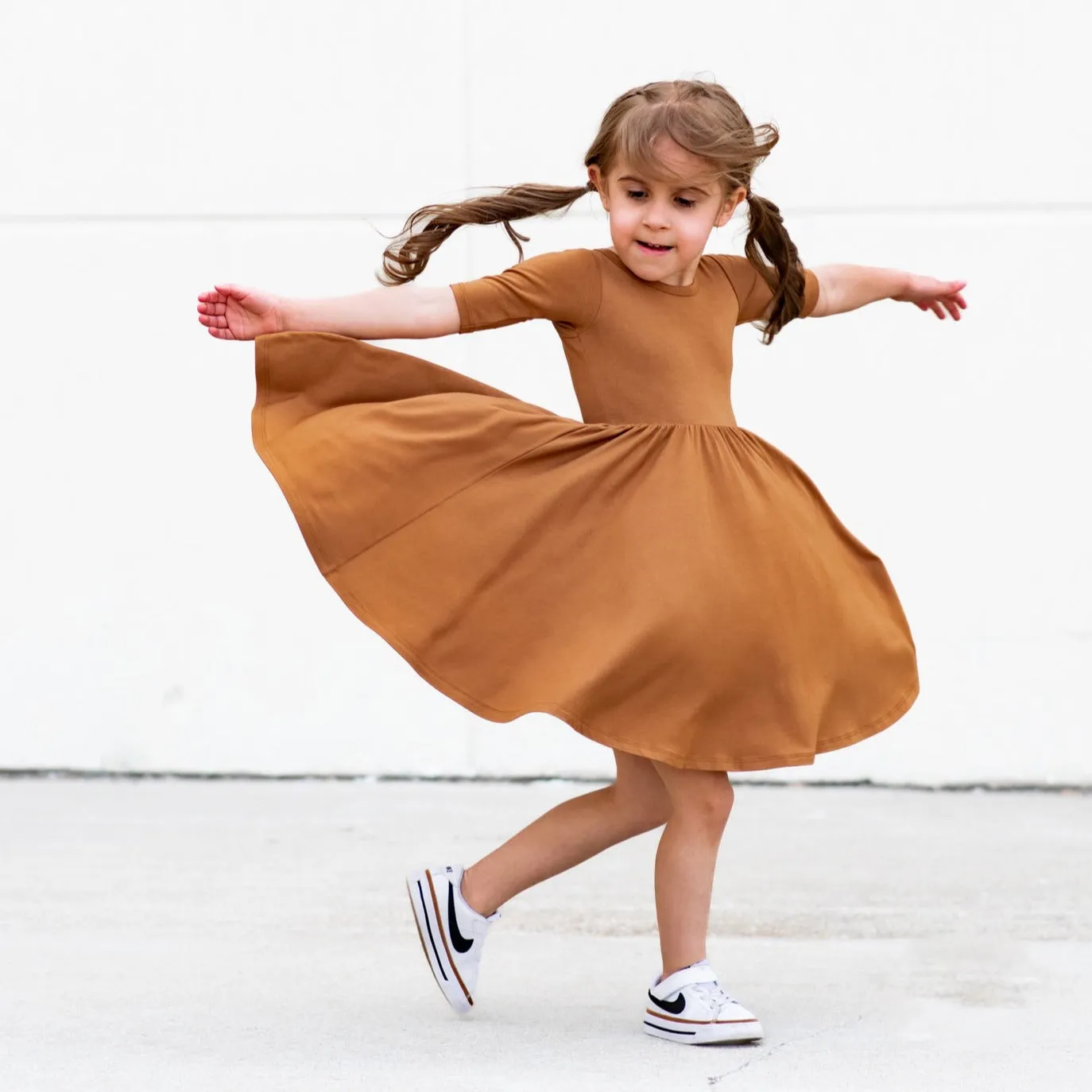 MID SLEEVE BAMBOO DRESS- Caramel