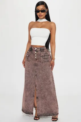 More Drama Mineral Wash Denim Maxi Skirt - Rust