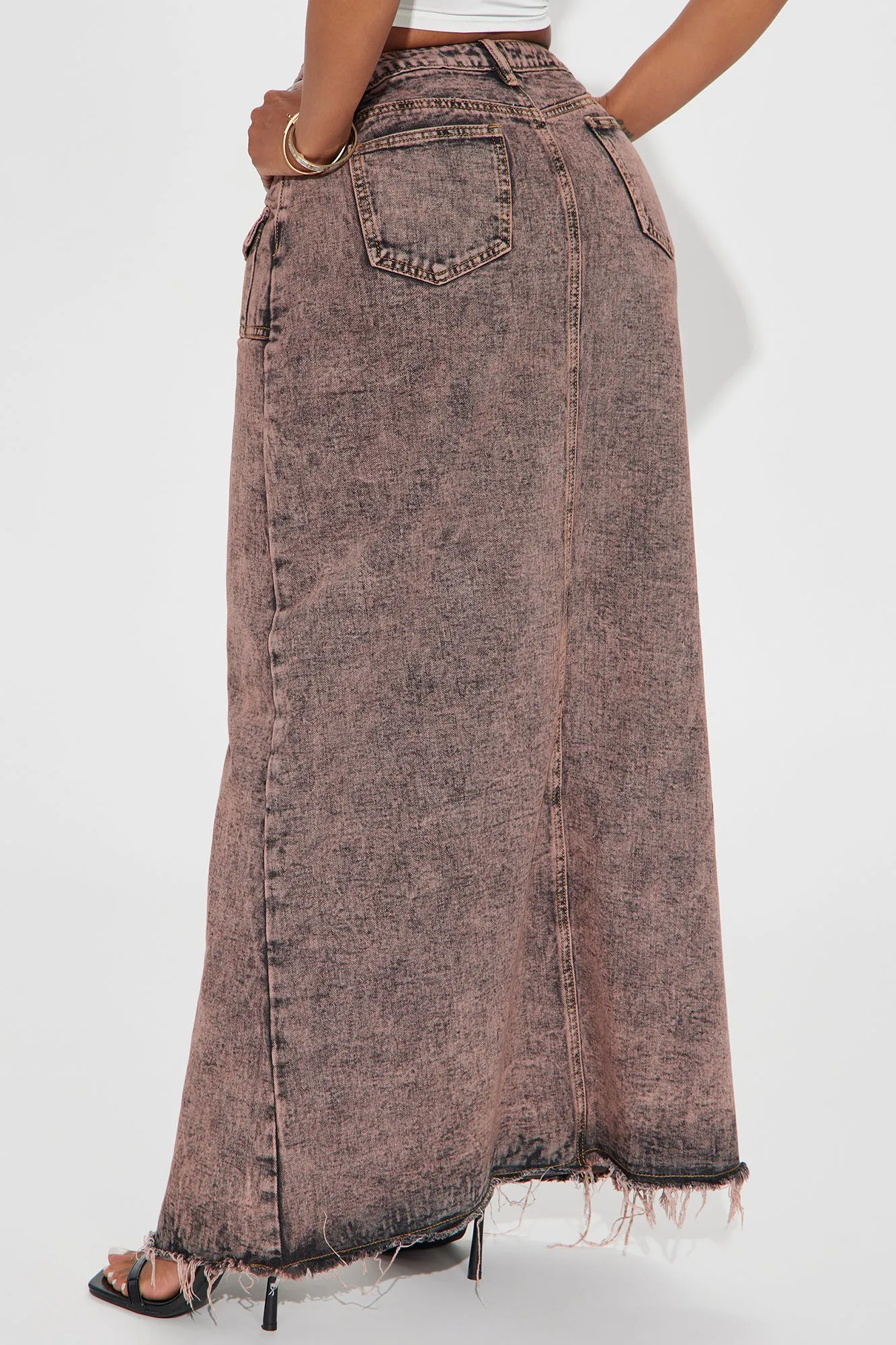 More Drama Mineral Wash Denim Maxi Skirt - Rust