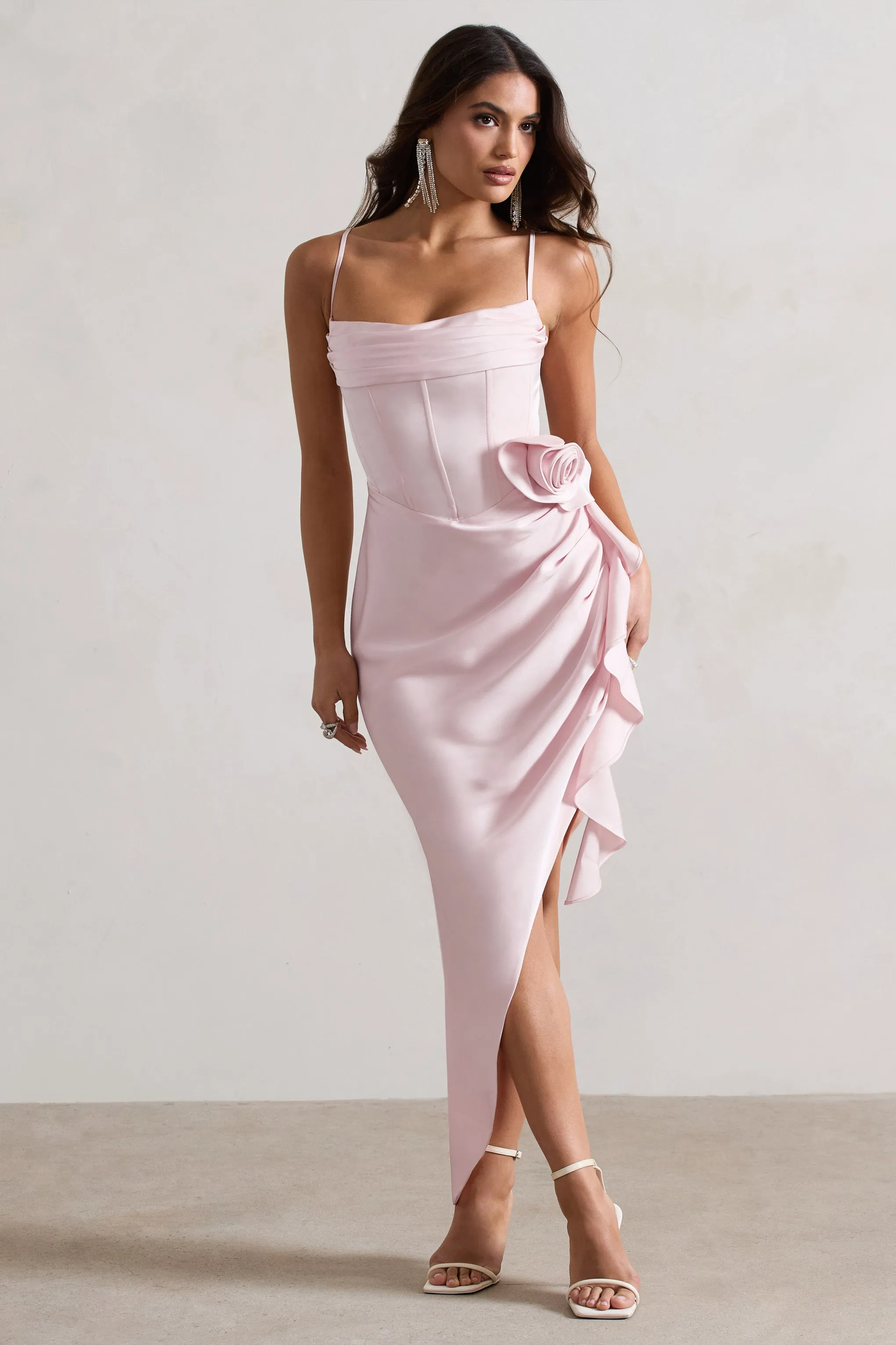 On The List | Pink Asymmetric Corset Midi Dress With Floral Drape