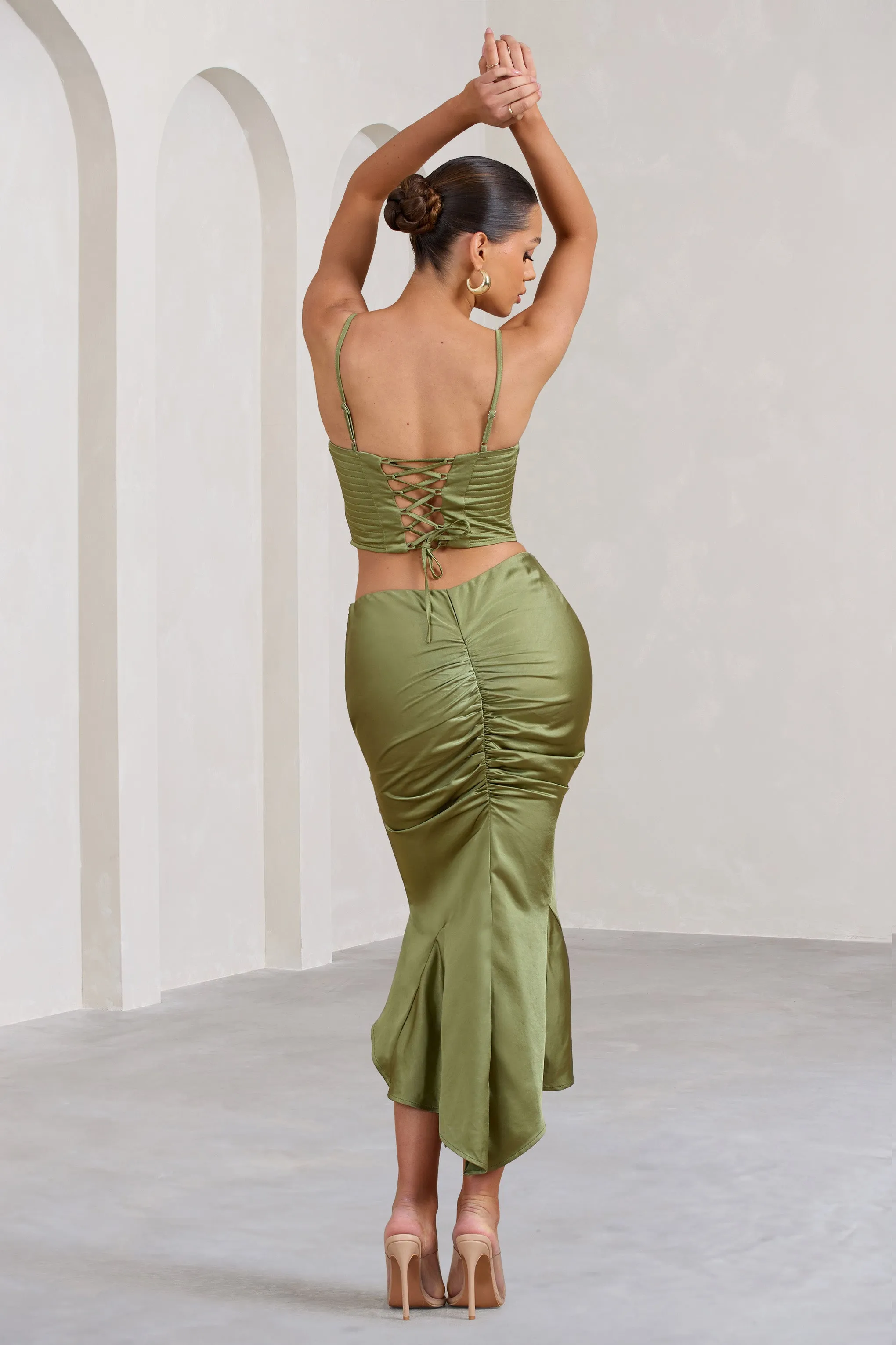 Per Favore | Olive Satin Ruched Split Maxi Skirt