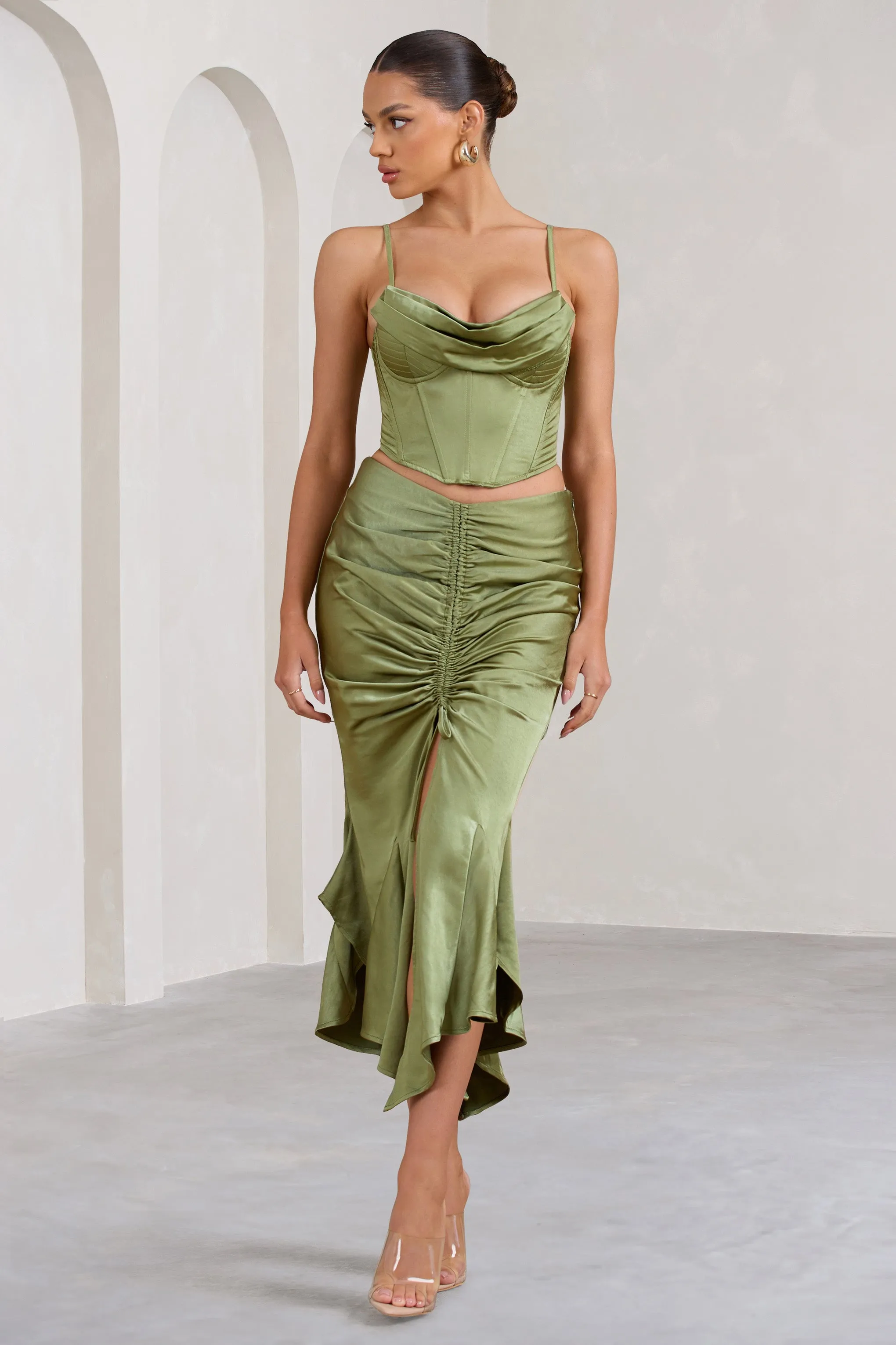 Per Favore | Olive Satin Ruched Split Maxi Skirt