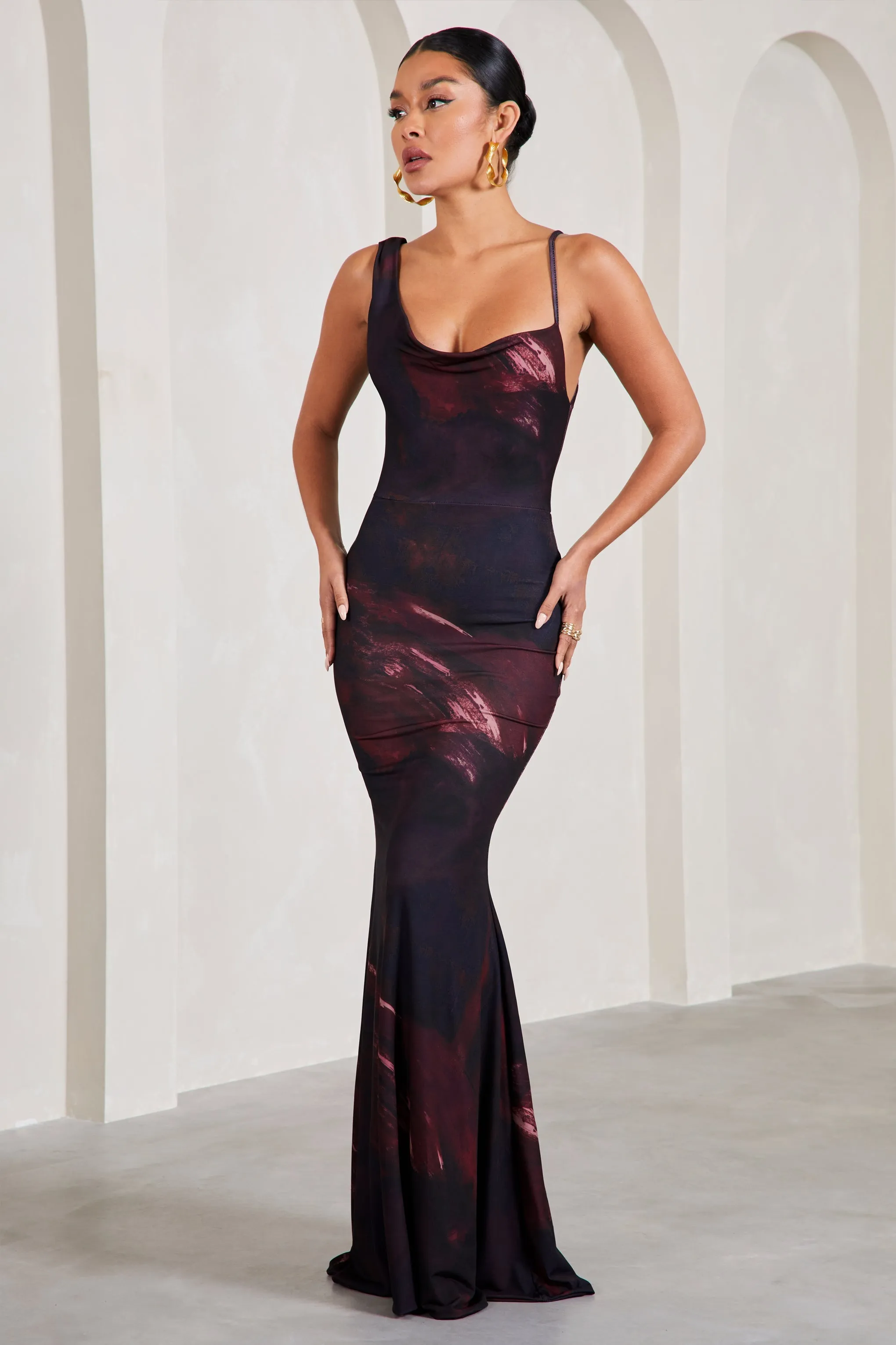 Phantasy | Plum Print Asymmetric Neckline Cowl Maxi Dress