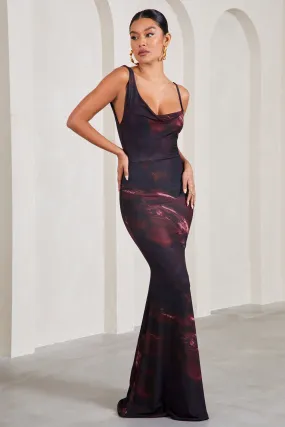 Phantasy | Plum Print Asymmetric Neckline Cowl Maxi Dress