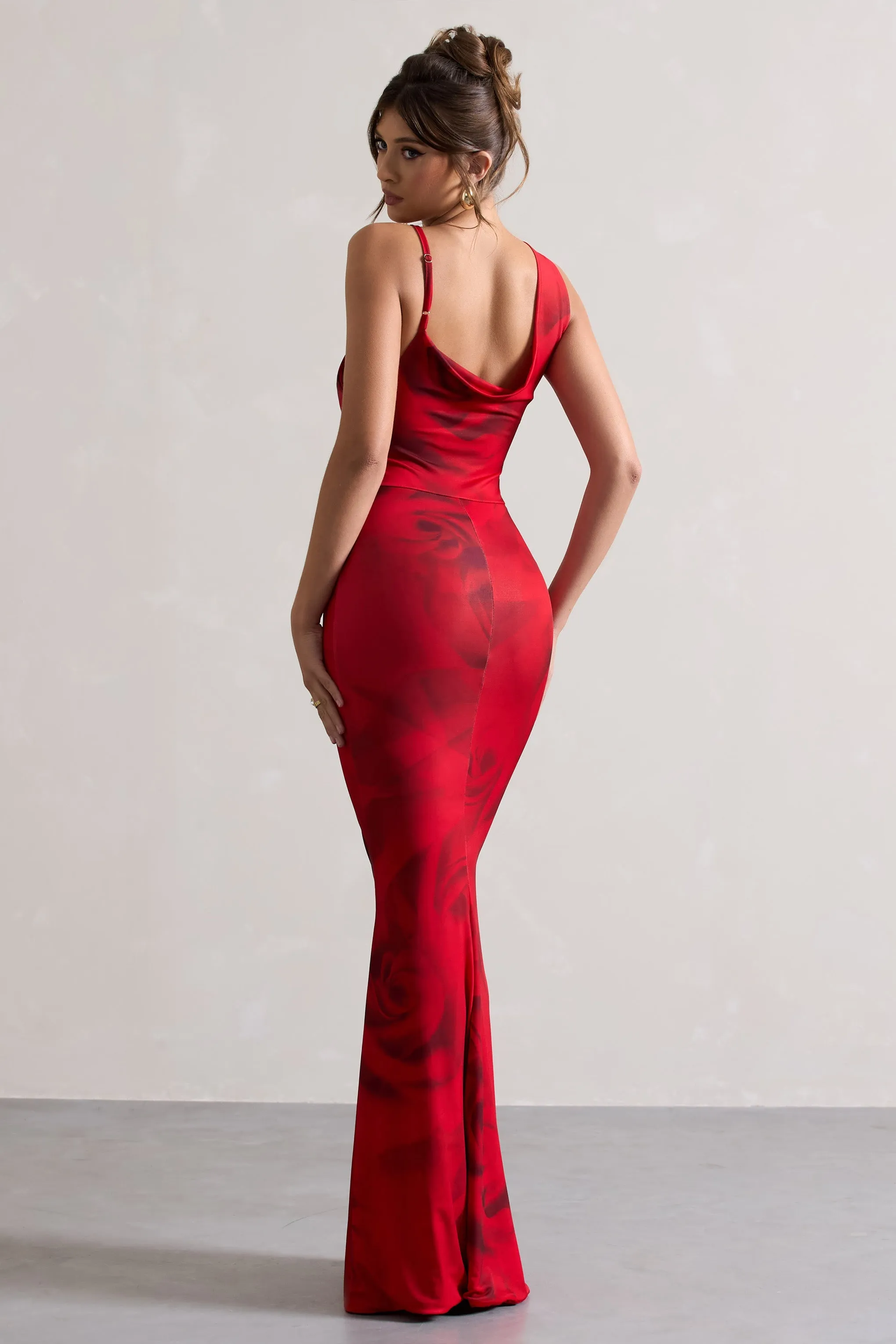 Phantasy | Red Rose Print Asymmetric Neckline Cowl Maxi Dress