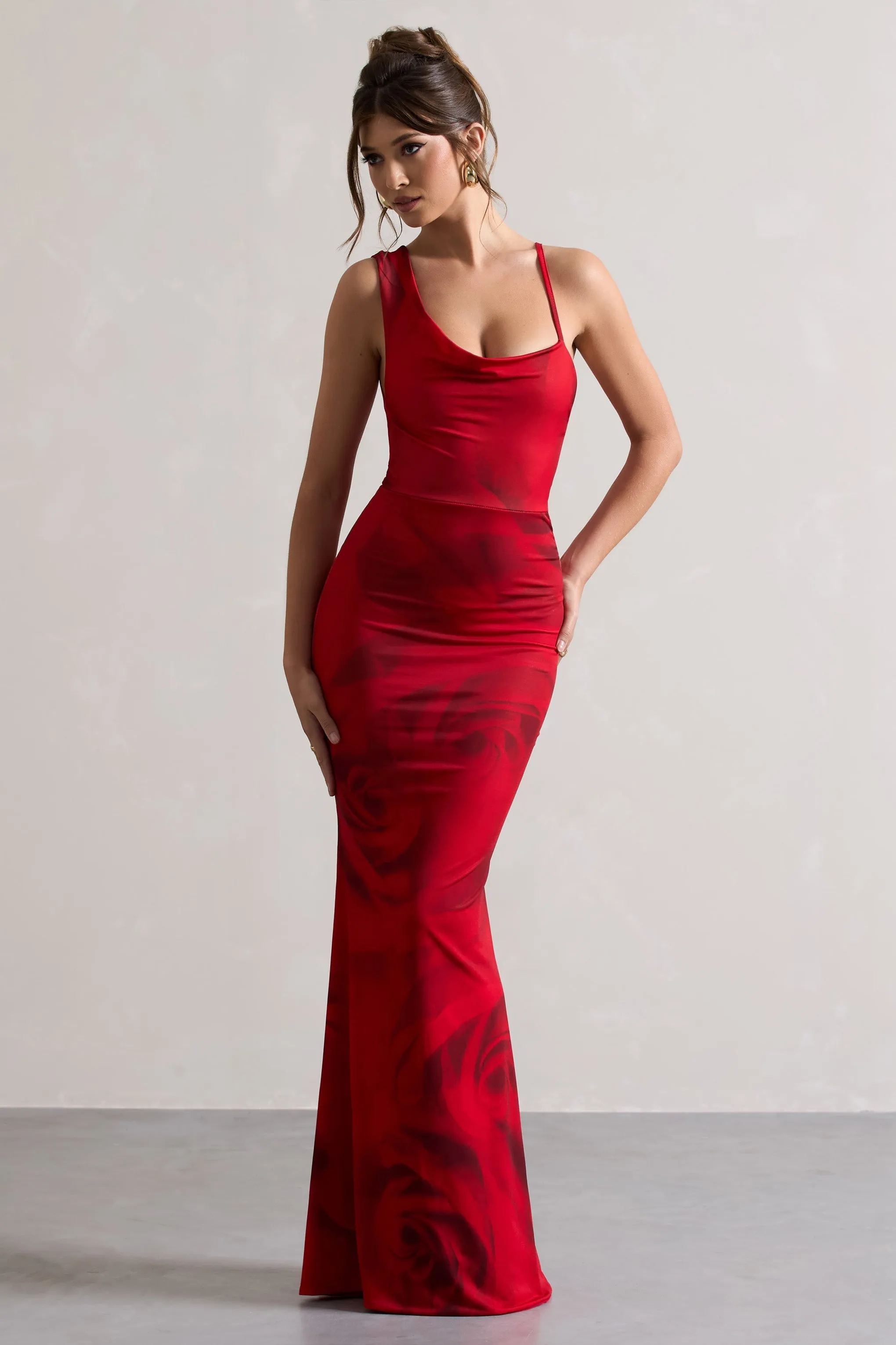 Phantasy | Red Rose Print Asymmetric Neckline Cowl Maxi Dress