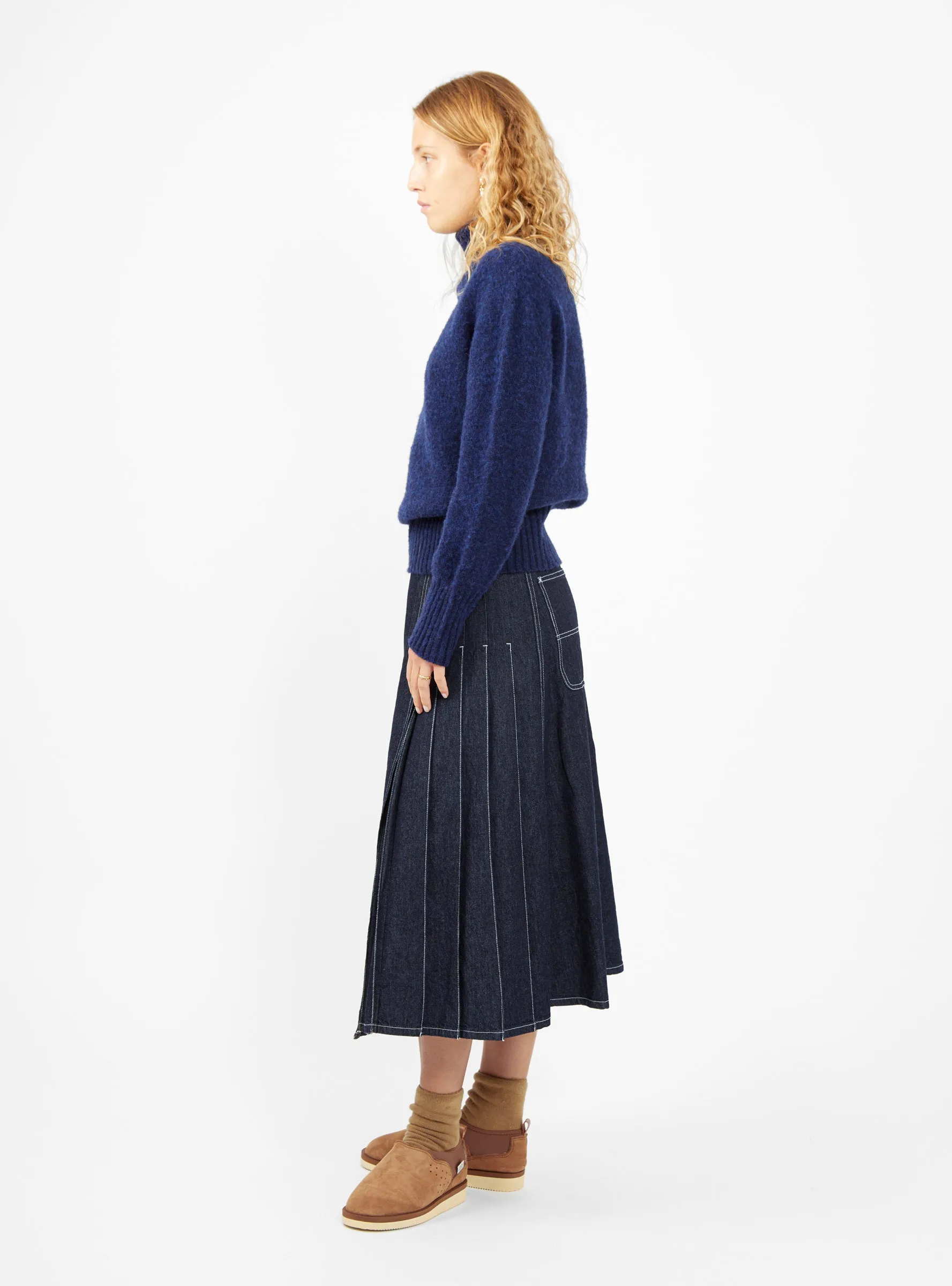 Indigo Pleated Wrap Skirt with Adjustable Tie Closure and Flattering A-Line Shape