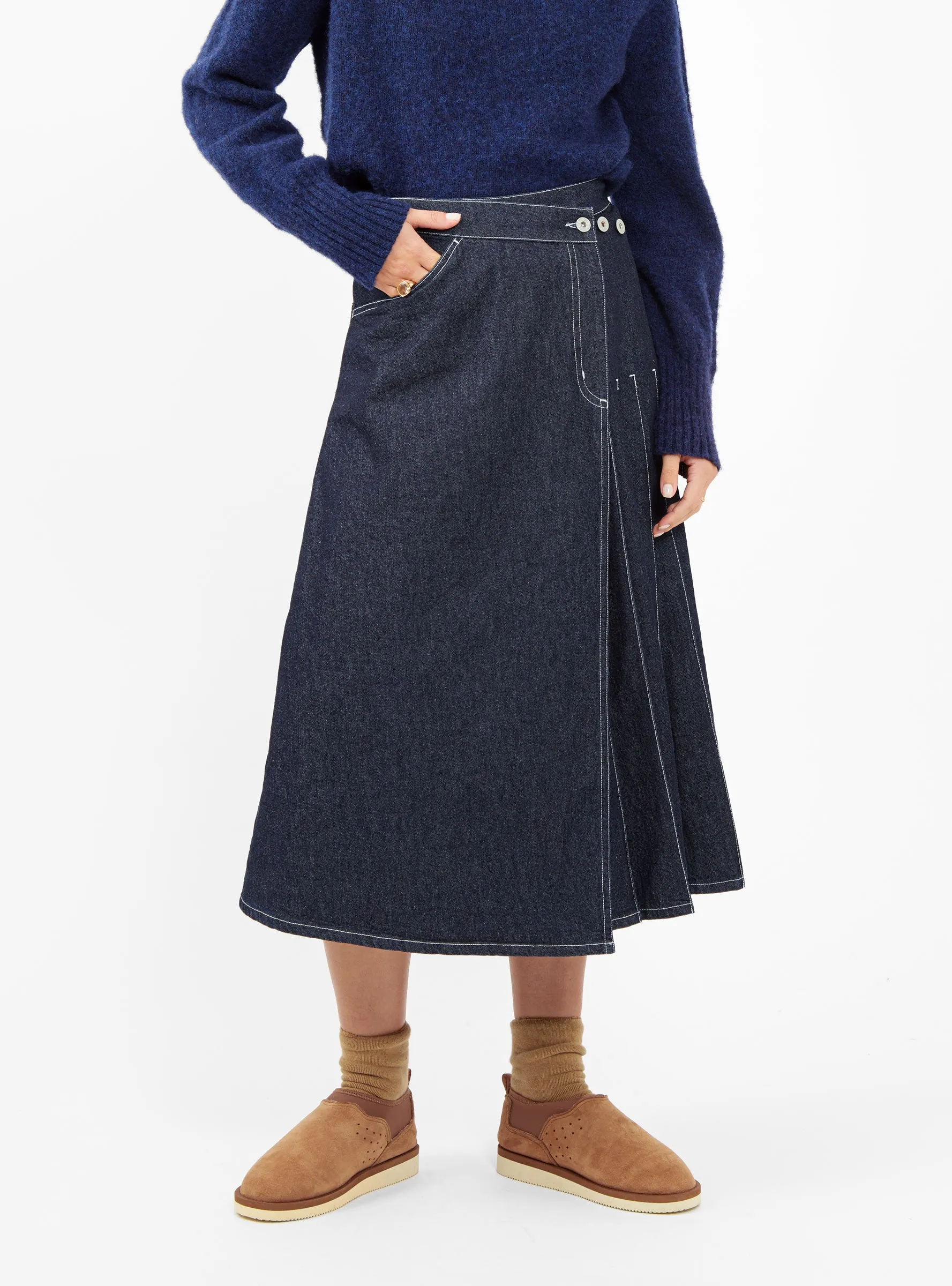 Indigo Pleated Wrap Skirt with Adjustable Tie Closure and Flattering A-Line Shape