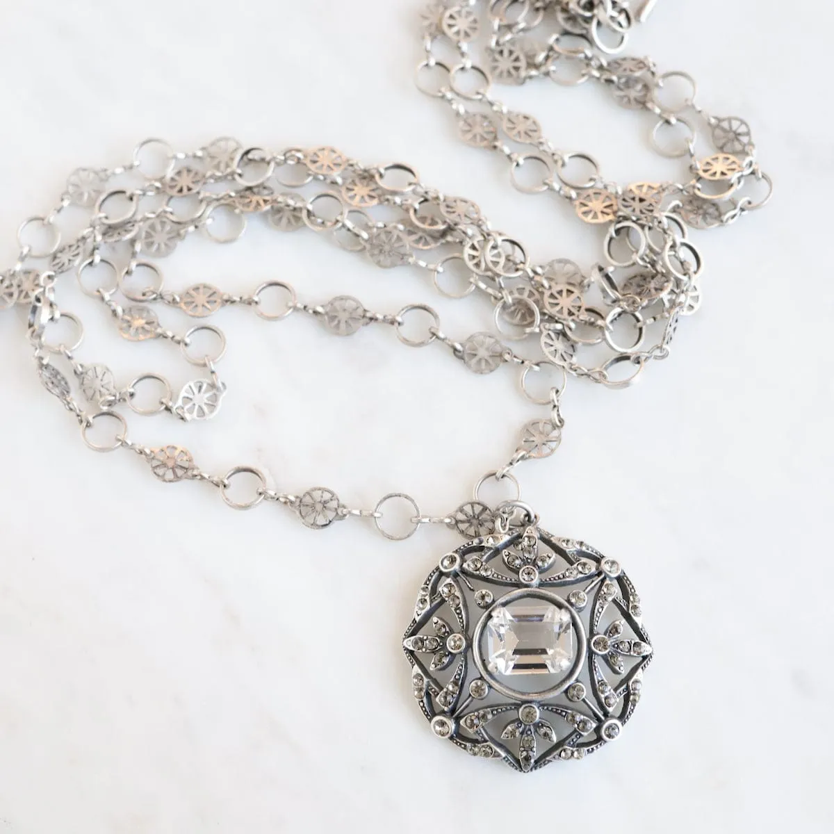 "Old Silver" Crystal Medallion Necklace