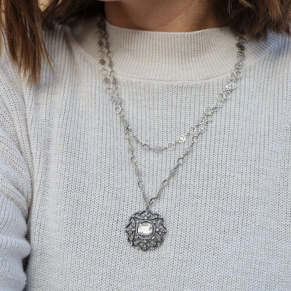 "Old Silver" Crystal Medallion Necklace