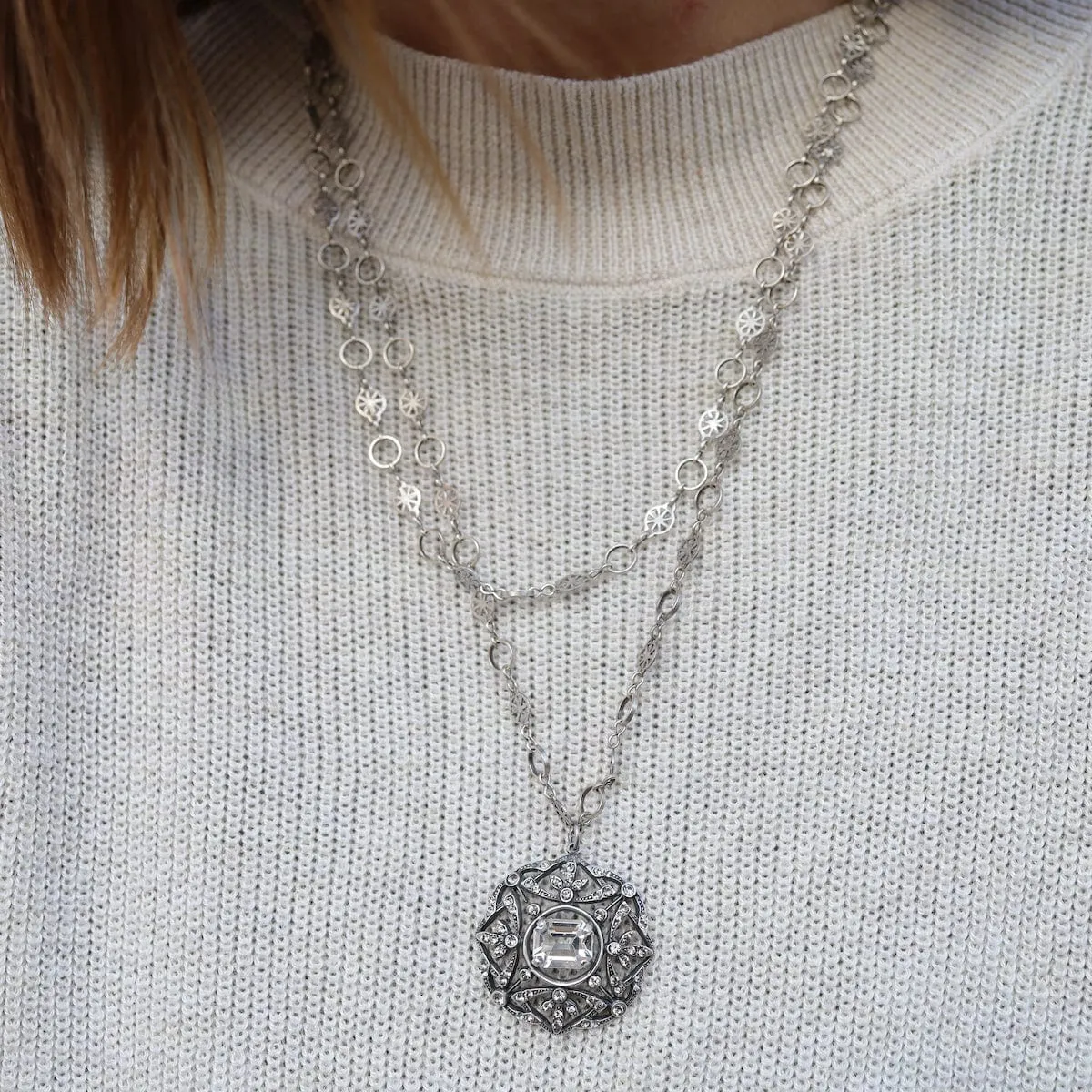 "Old Silver" Crystal Medallion Necklace