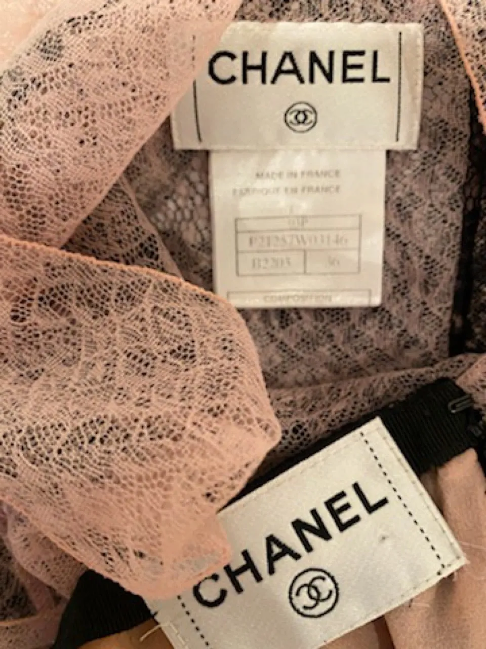 Rare Chanel 03P, 2003 Spring Camellia Flower Pink Black Lace Satin Blouse with matching Skirt Set FR 36 US 4