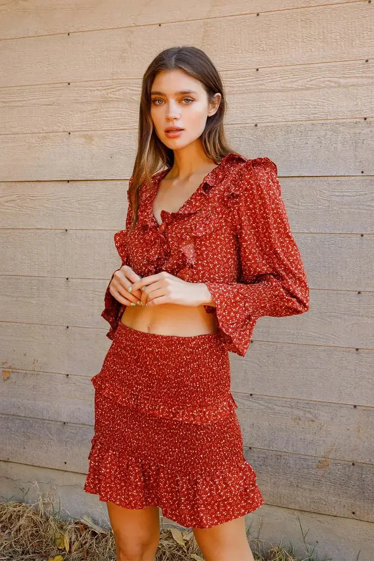 Rust Flower Print Mini Skirt