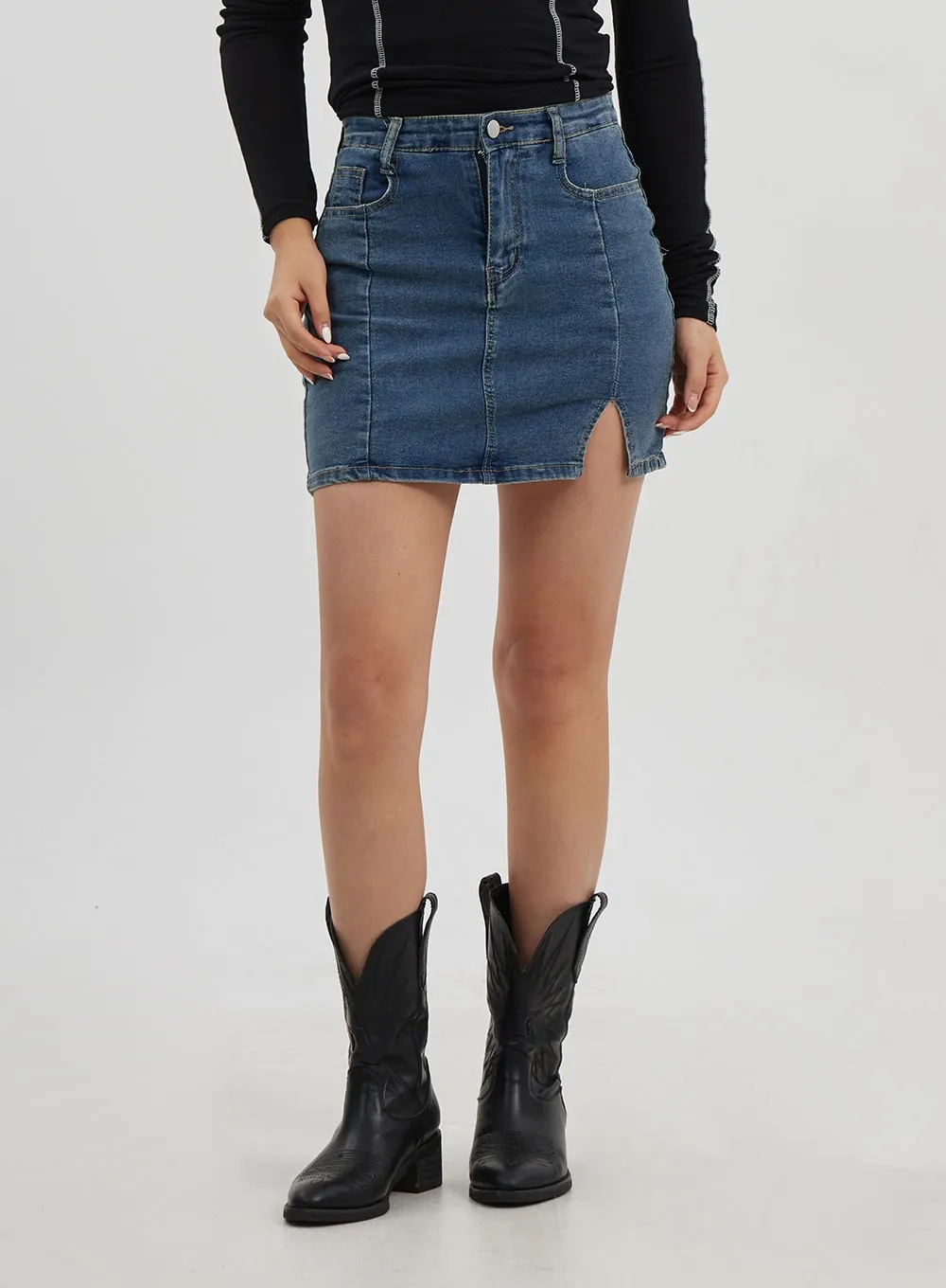 Side Slit Denim Mini Skirt CJ325