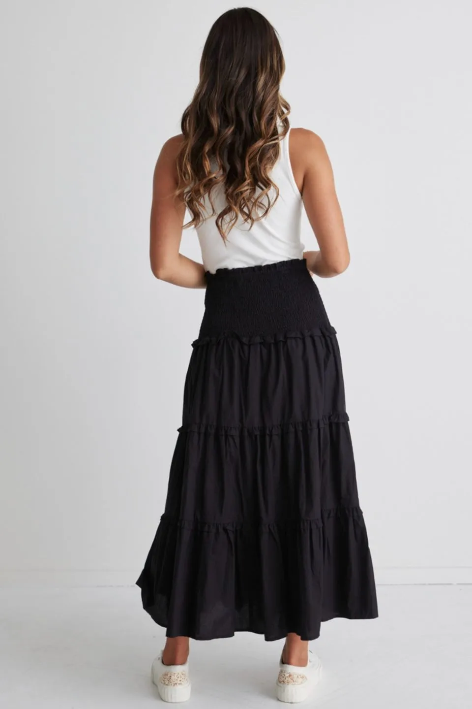 Soaring High Black Cotton Shirred Waist Tiered Maxi Skirt