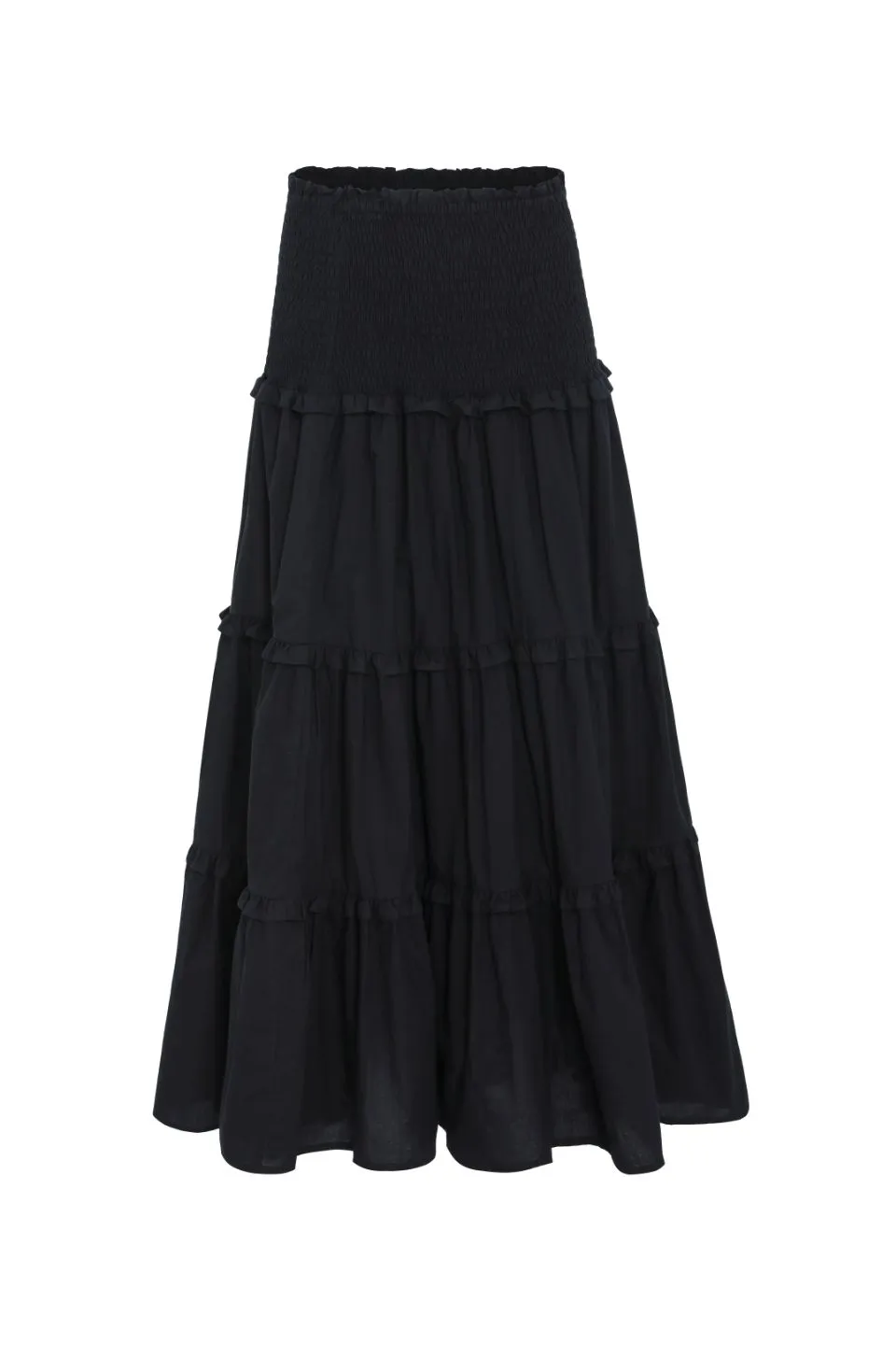 Soaring High Black Cotton Shirred Waist Tiered Maxi Skirt