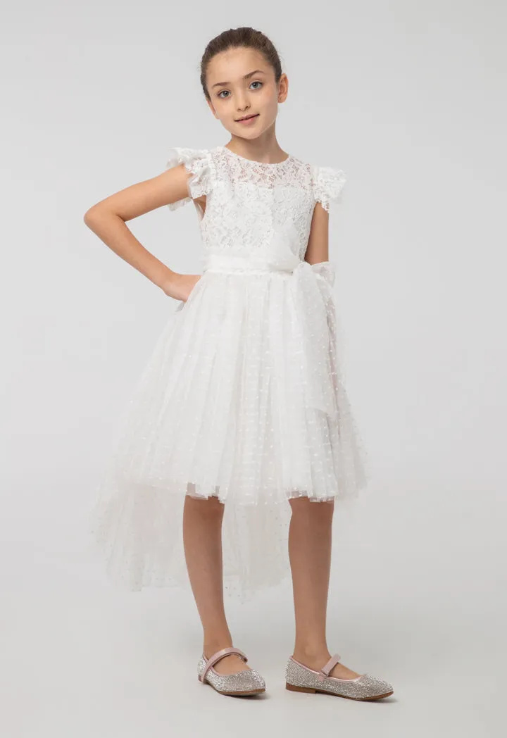 Solid High-Low Mesh Frayed Lace Fabric Dress