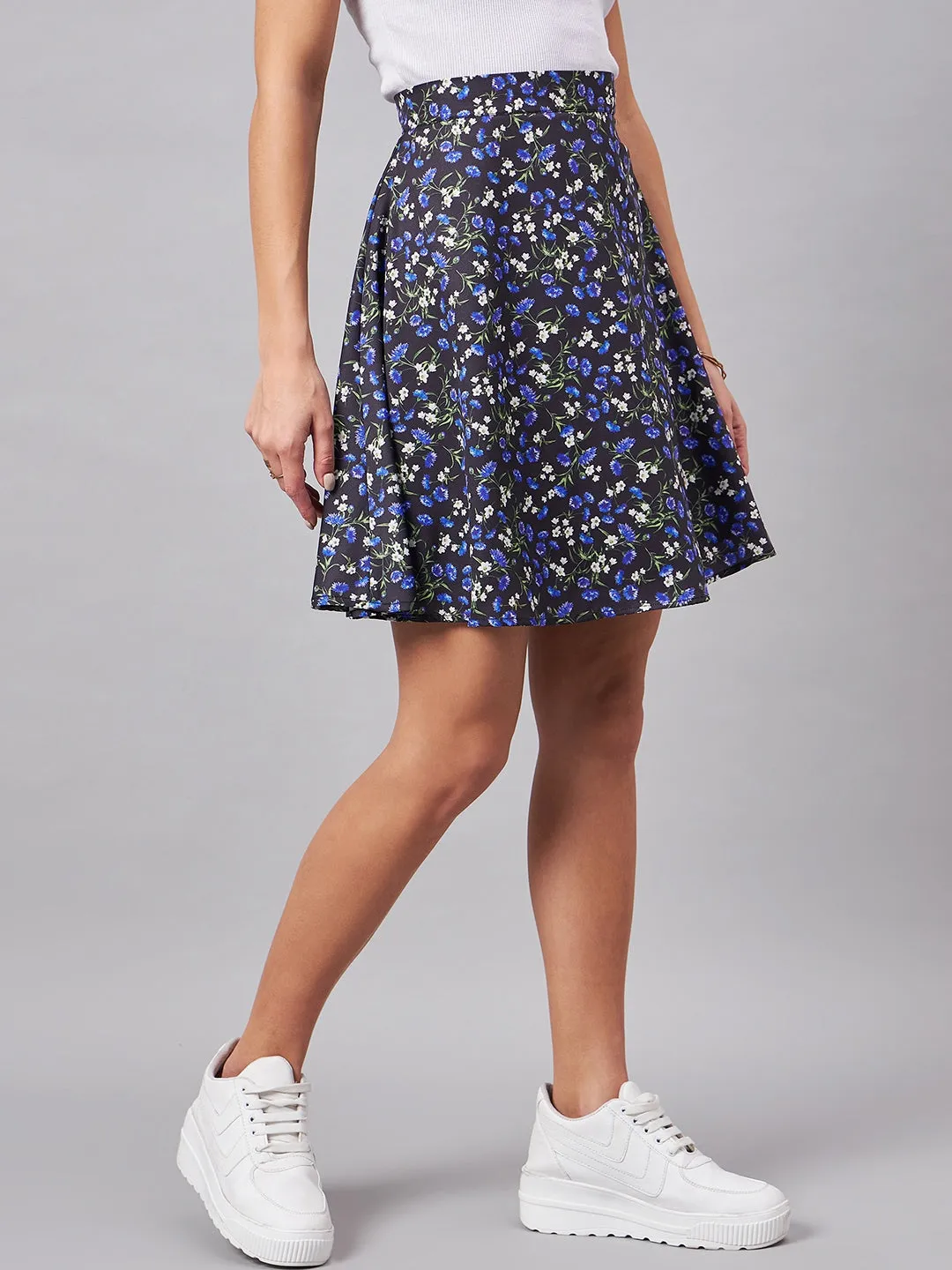 Style Quotient Women Blue, Black And Multi Floral Printed Polyester Mini Skirt