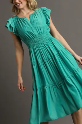 Teal Flutter Sleeve Midi Dress