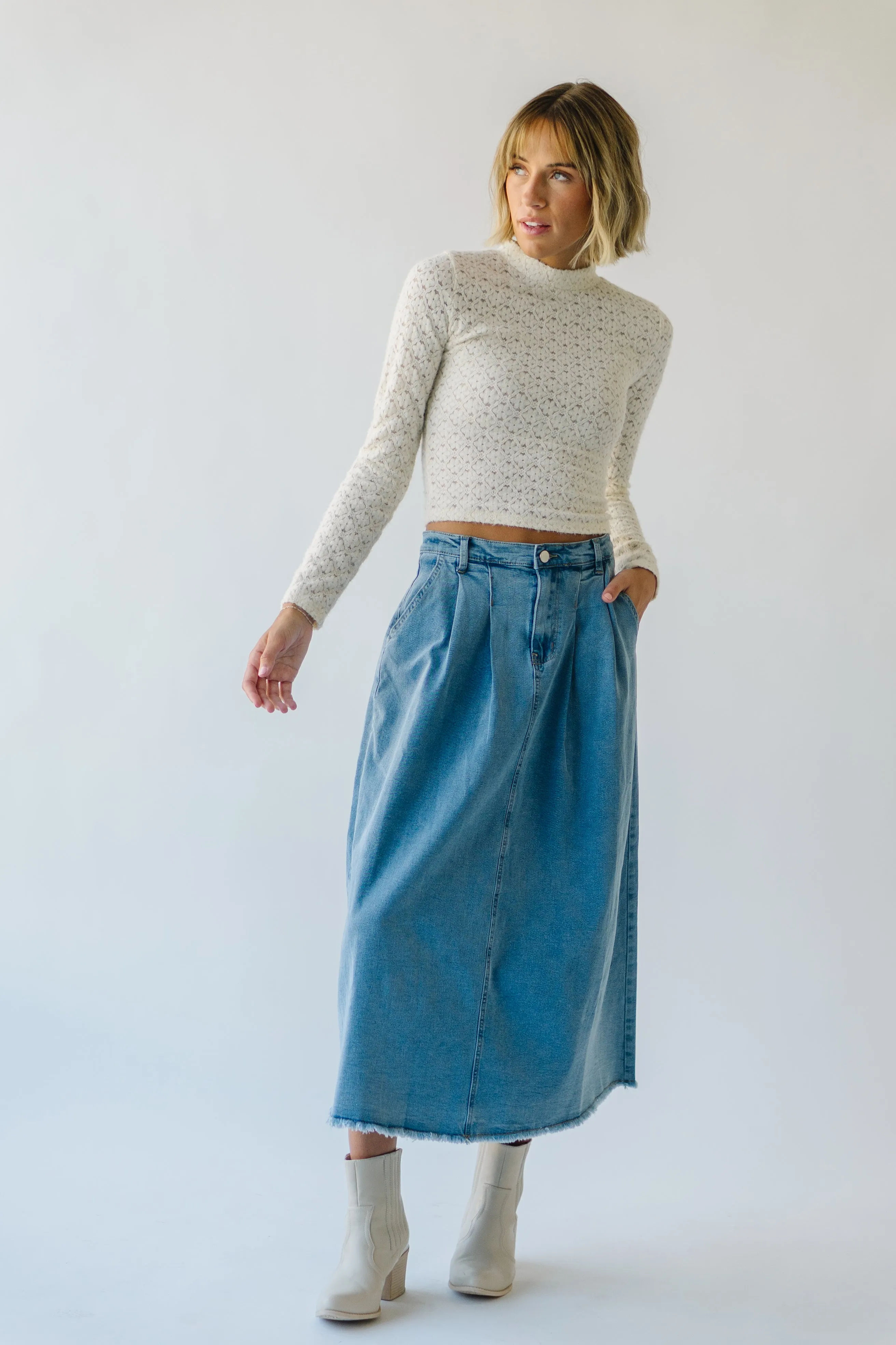 Sure! Here’s a more optimized title for the product:

Waleska Denim Pleated Maxi Skirt - Elegant, Versatile & Flattering Design