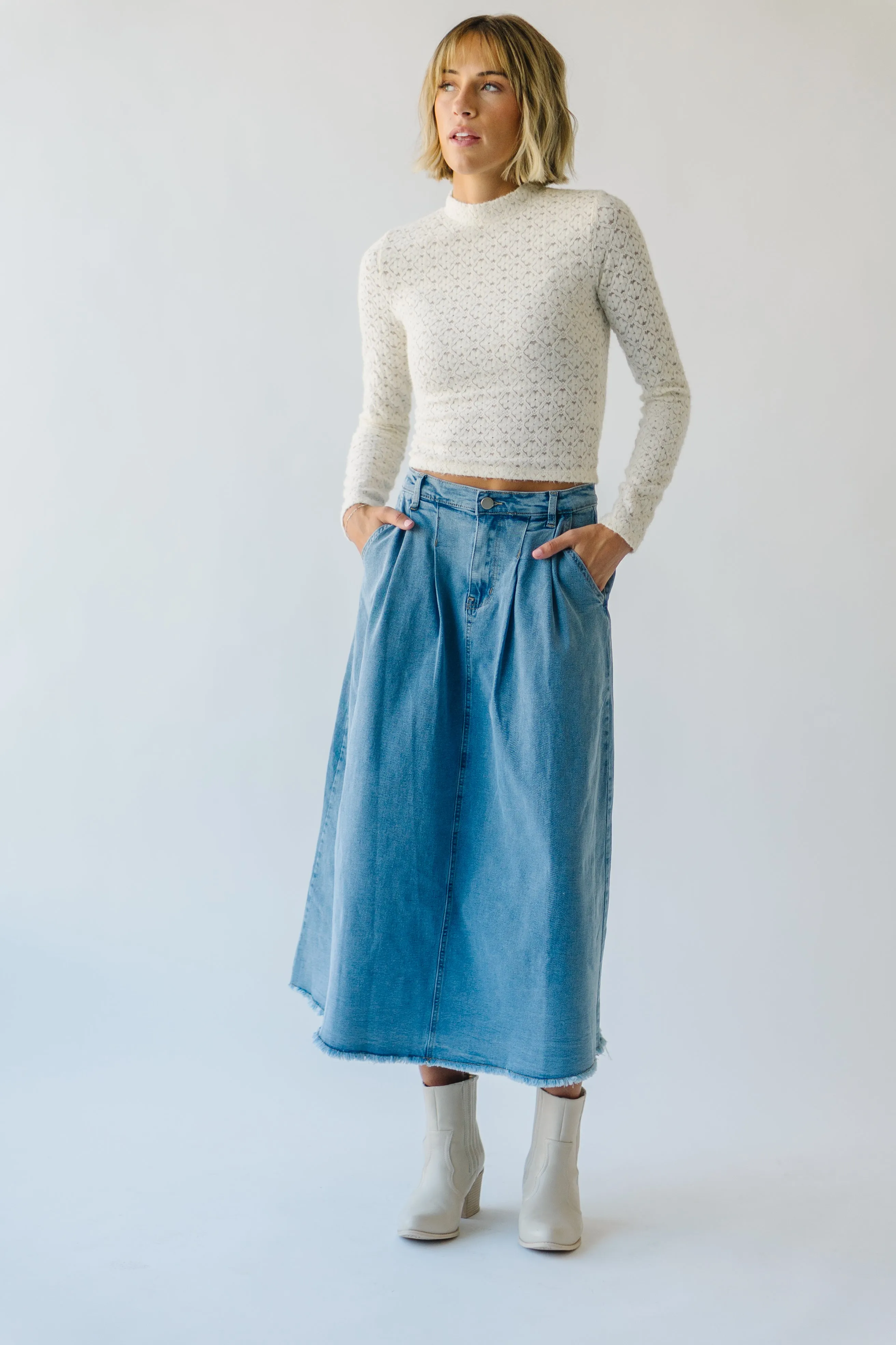 Sure! Here’s a more optimized title for the product:

Waleska Denim Pleated Maxi Skirt - Elegant, Versatile & Flattering Design