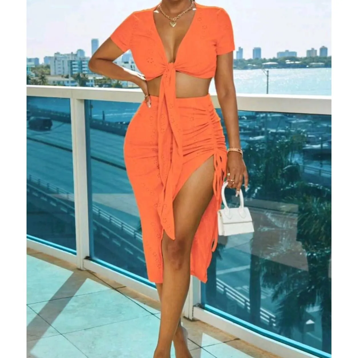 Tie Crop and Drawstring Skirt 2 Piece Set