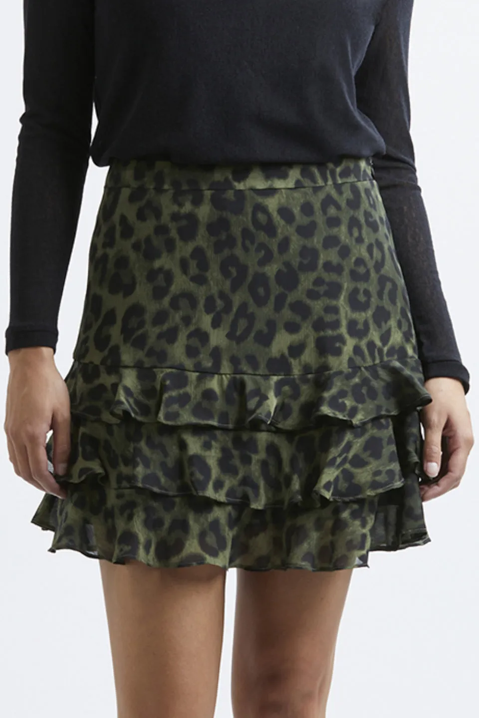 Triple Frill Khaki Animal Mini Skirt