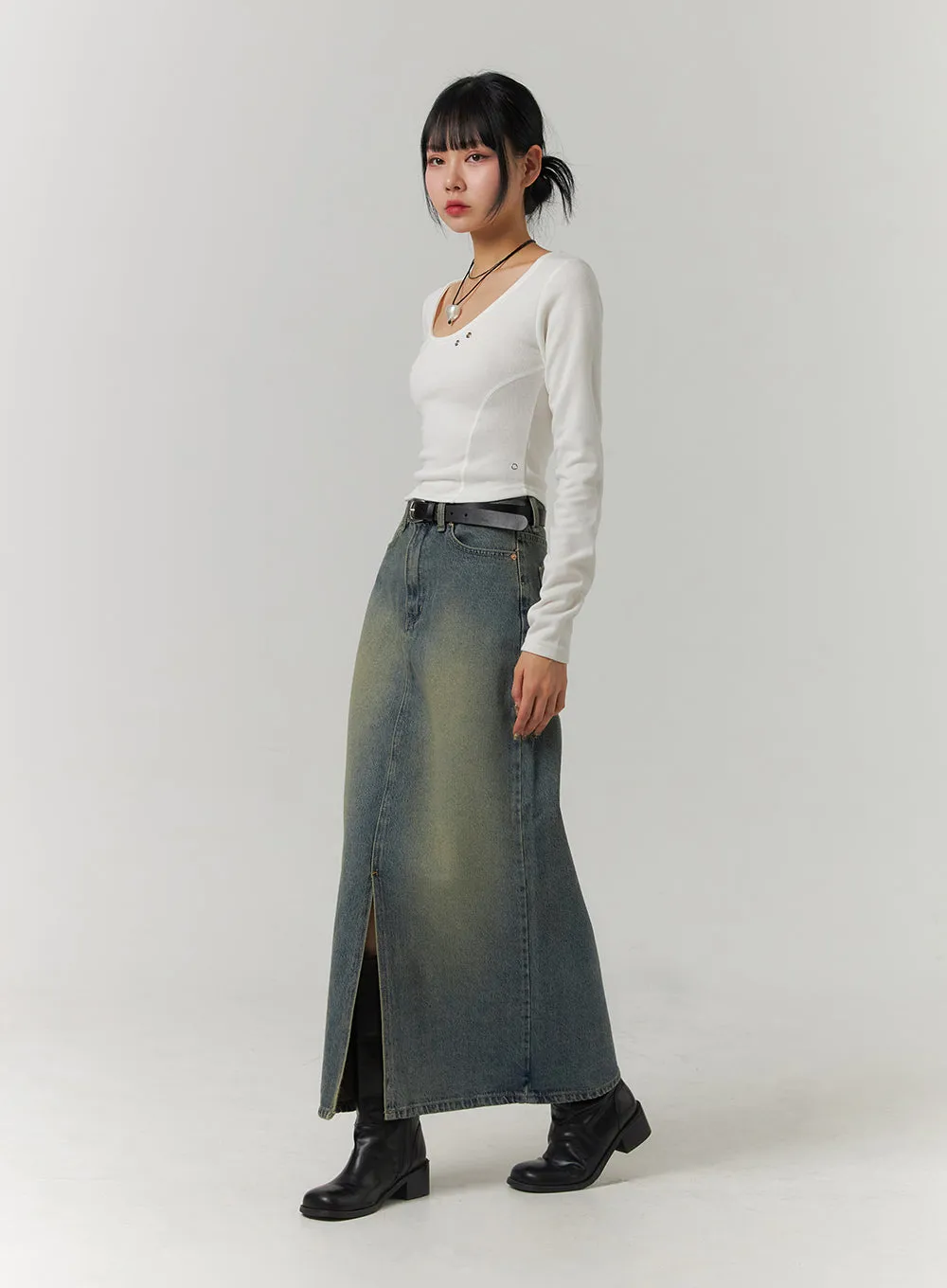 Washed Denim Maxi Skirt CJ422