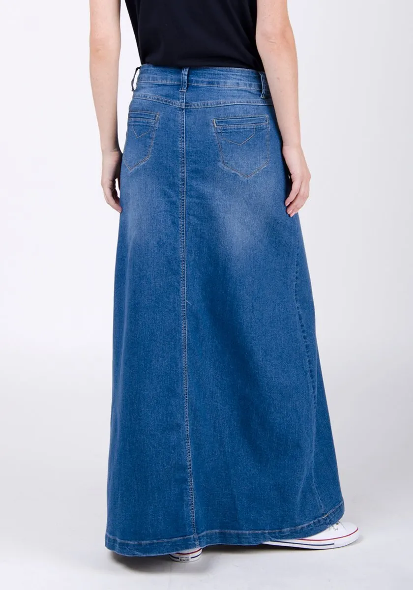 Womens Long Denim Skirt - Stonewash