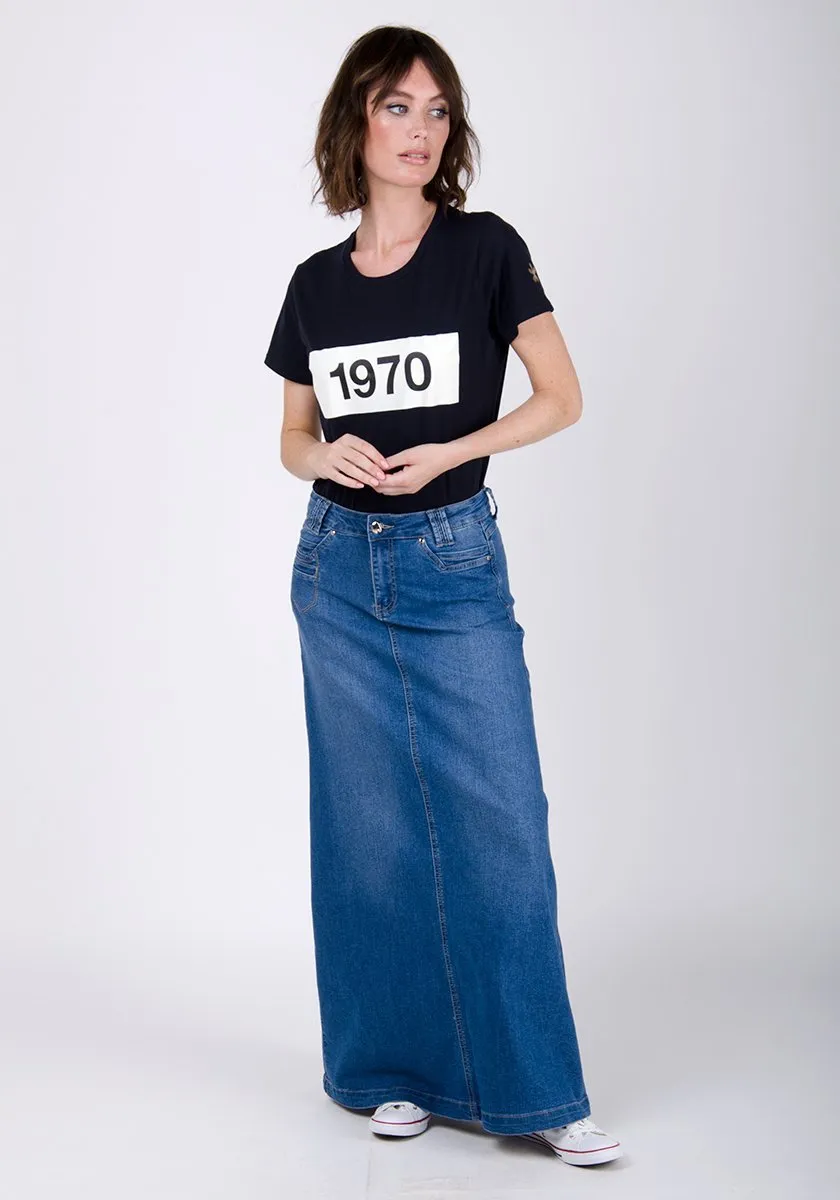 Womens Long Denim Skirt - Stonewash