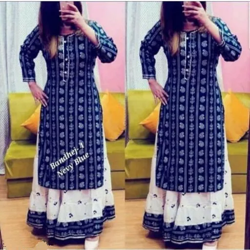 Women's Printed Rayon Kurta with Skirt Set