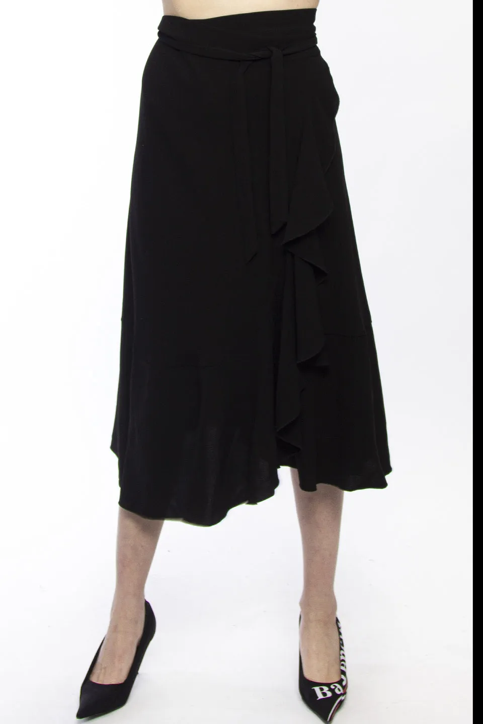 Wrap Me Ruffle Black Midi Skirt