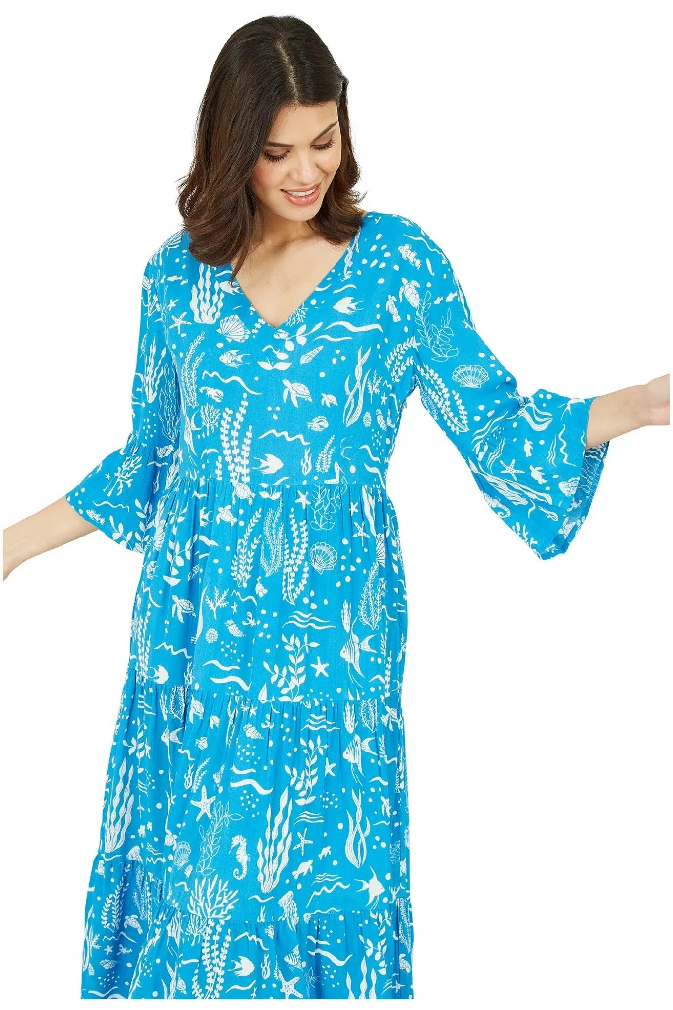 Yumi Blue Sealife Print Midi Dress